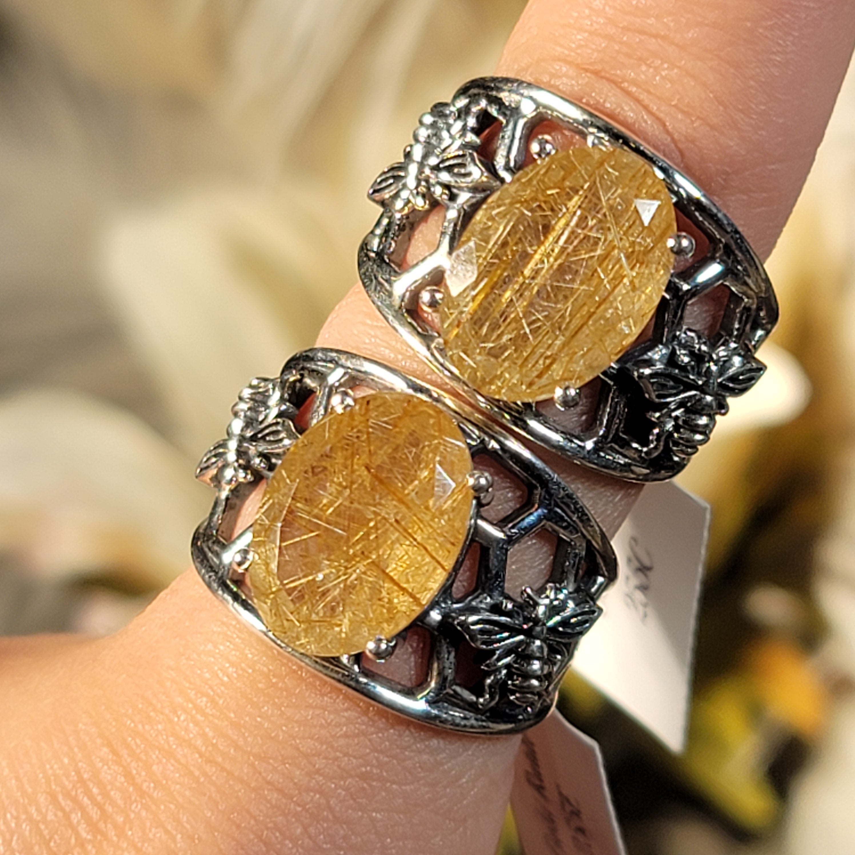 Gold Rutile Bee Cuff Ring .925 Silver for Insight, Meditation & Shamanic Journey