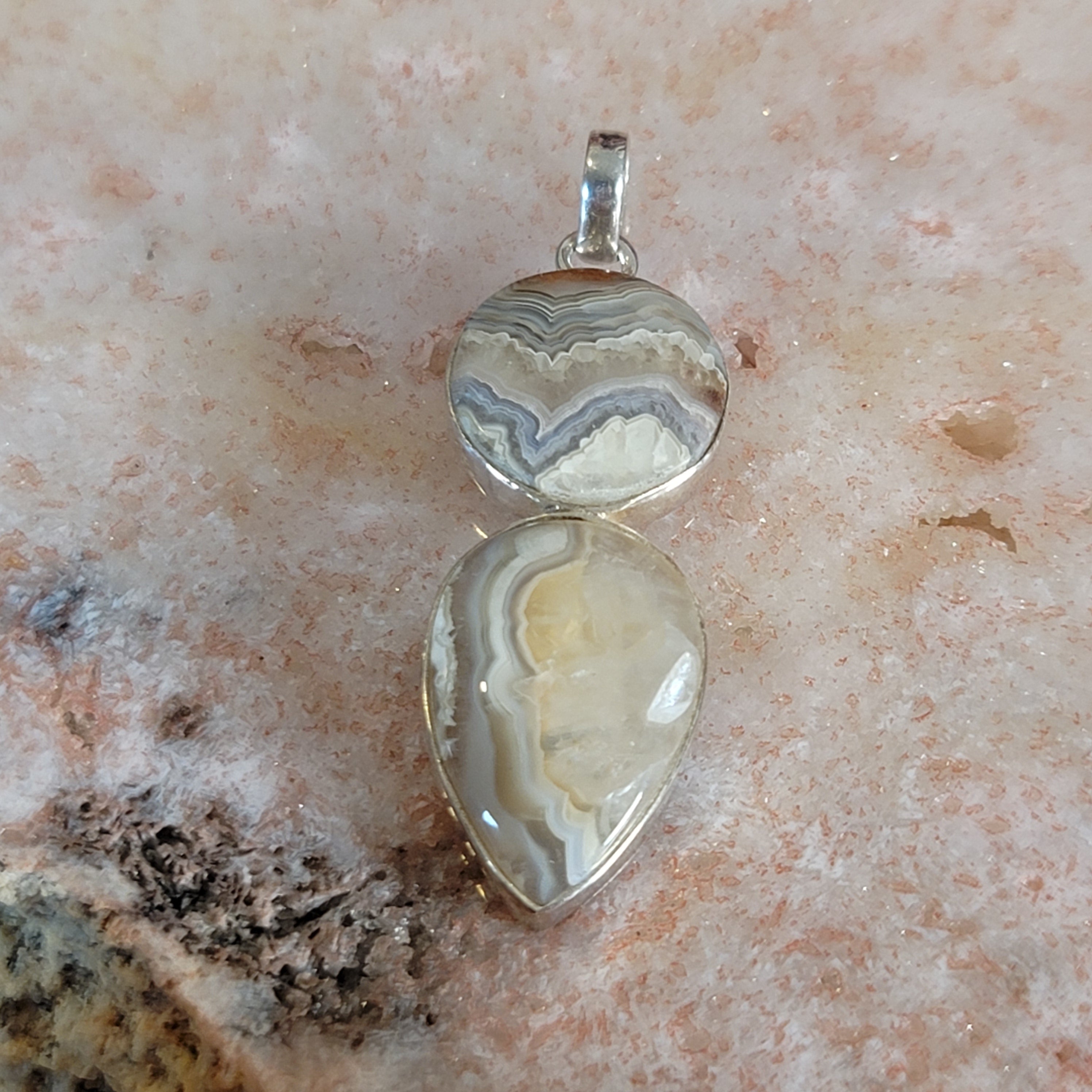 Grey Crazy Lace Agate Pendant .925 Silver for Joy and Protection