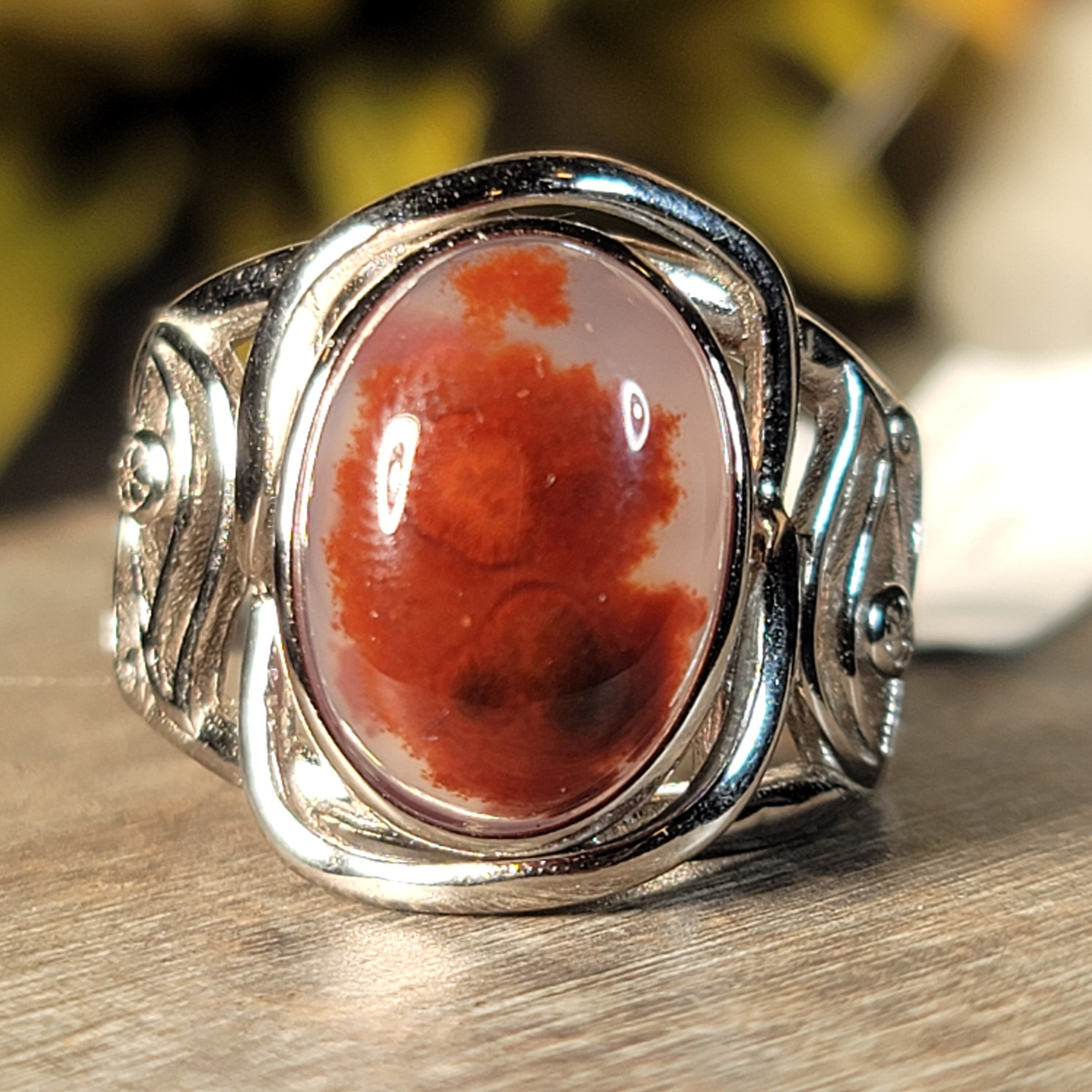 Red Plume Chalcedony Egyptian Eye Adjustable Cuff Ring .925 Silver for Emotional Healing, Joy and Love