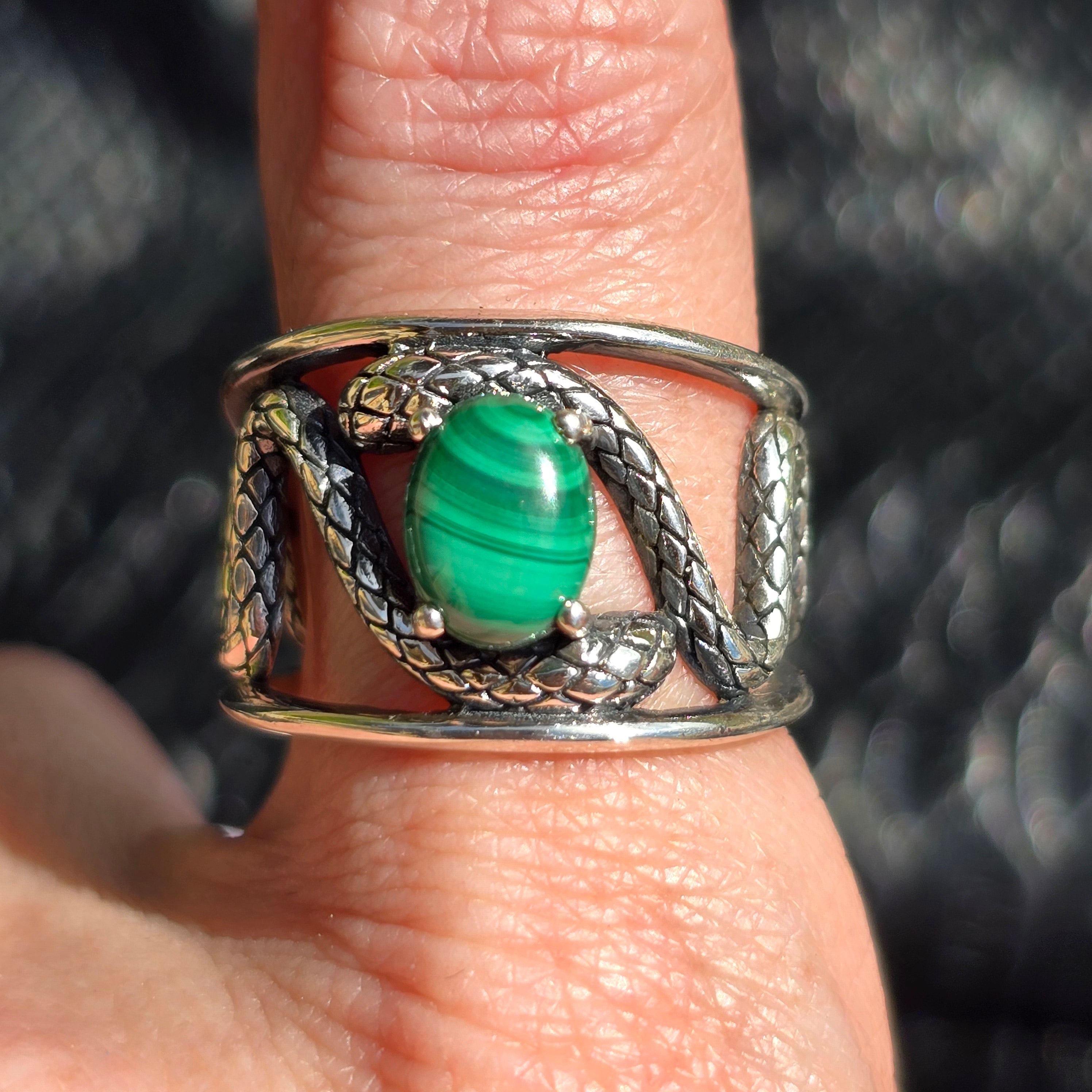 Malachite Serpent Adjustable Finger Cuff Ring .925 Silver for Love, Transformation and Wealth