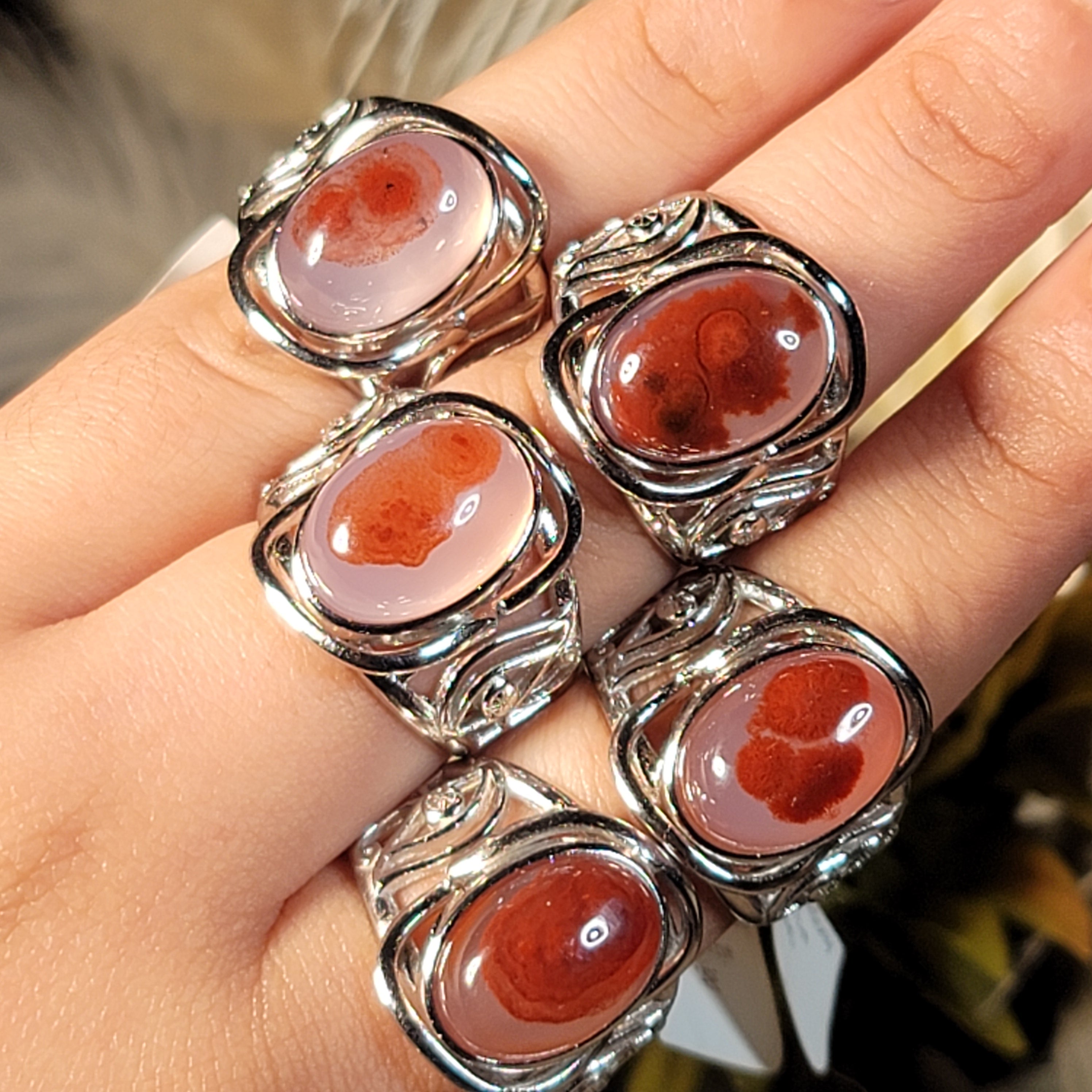 Red Plume Chalcedony Egyptian Eye Adjustable Cuff Ring .925 Silver for Emotional Healing, Joy and Love