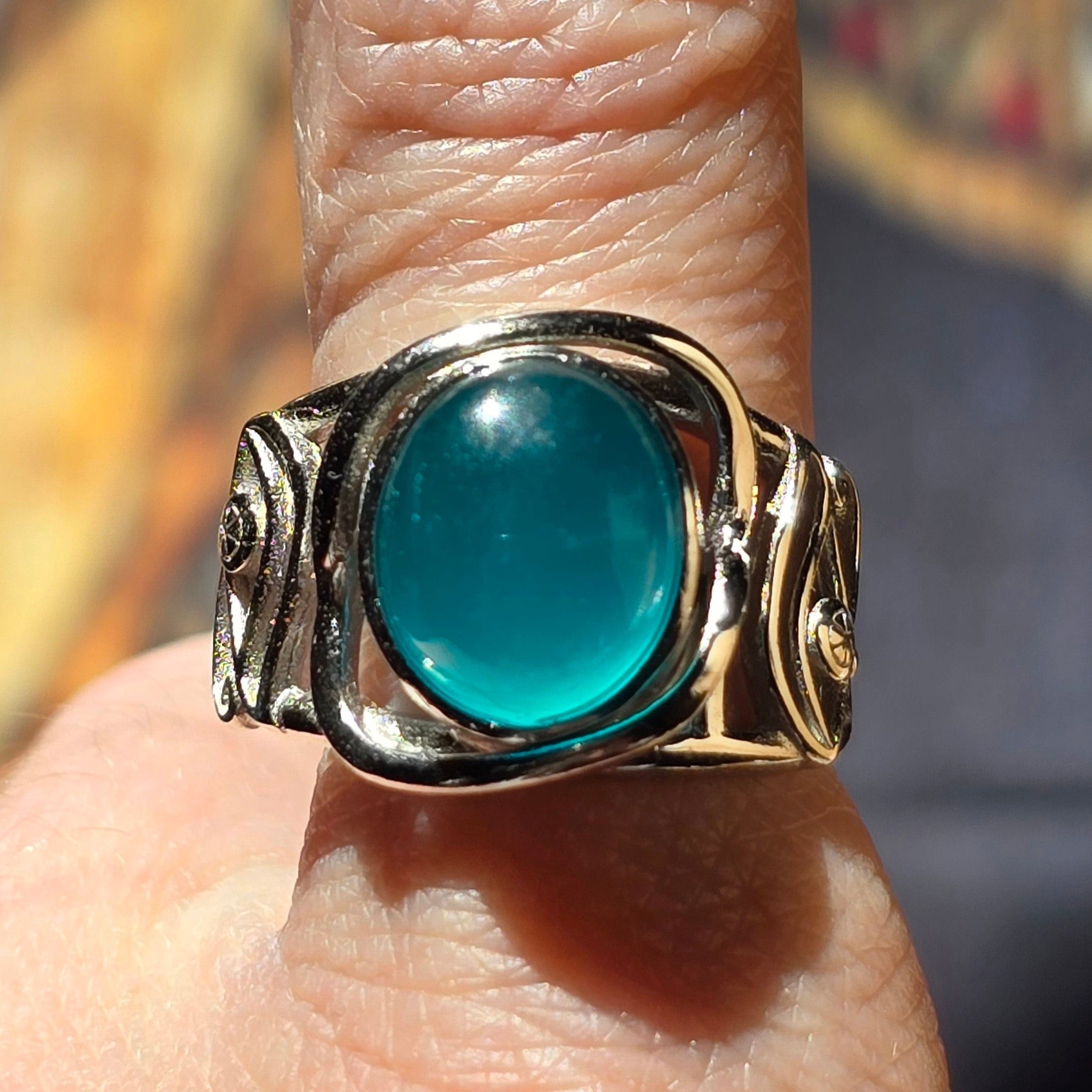 Amazonite Egyptian Eye Adjustable Finger Cuff Ring .925 Silver for Communication, Harmony and Hope