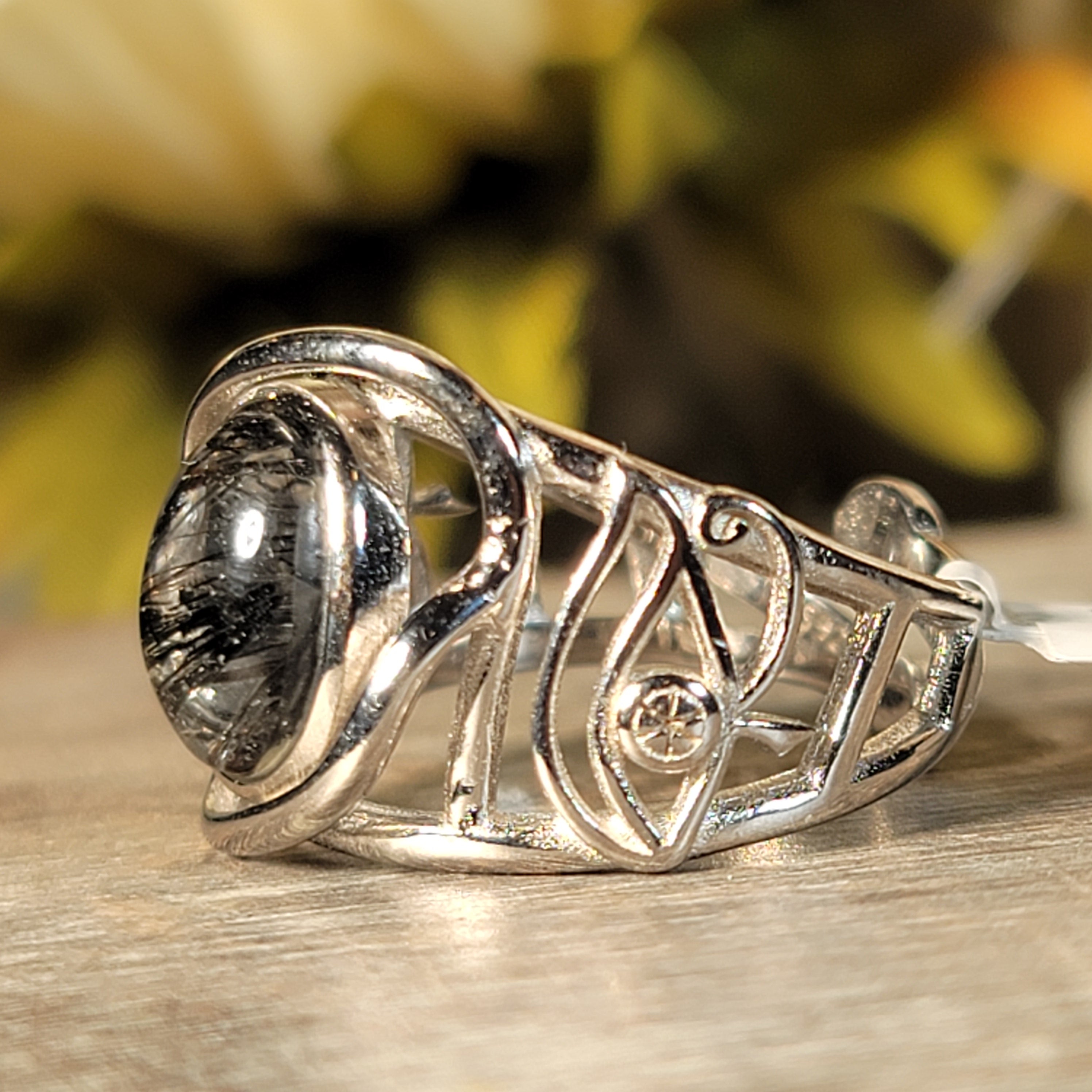 Black Tourmaline in Quartz Egyptian Eye Cuff Ring .925 Sterling Silver for Powerful Protection and Aura Cleansing