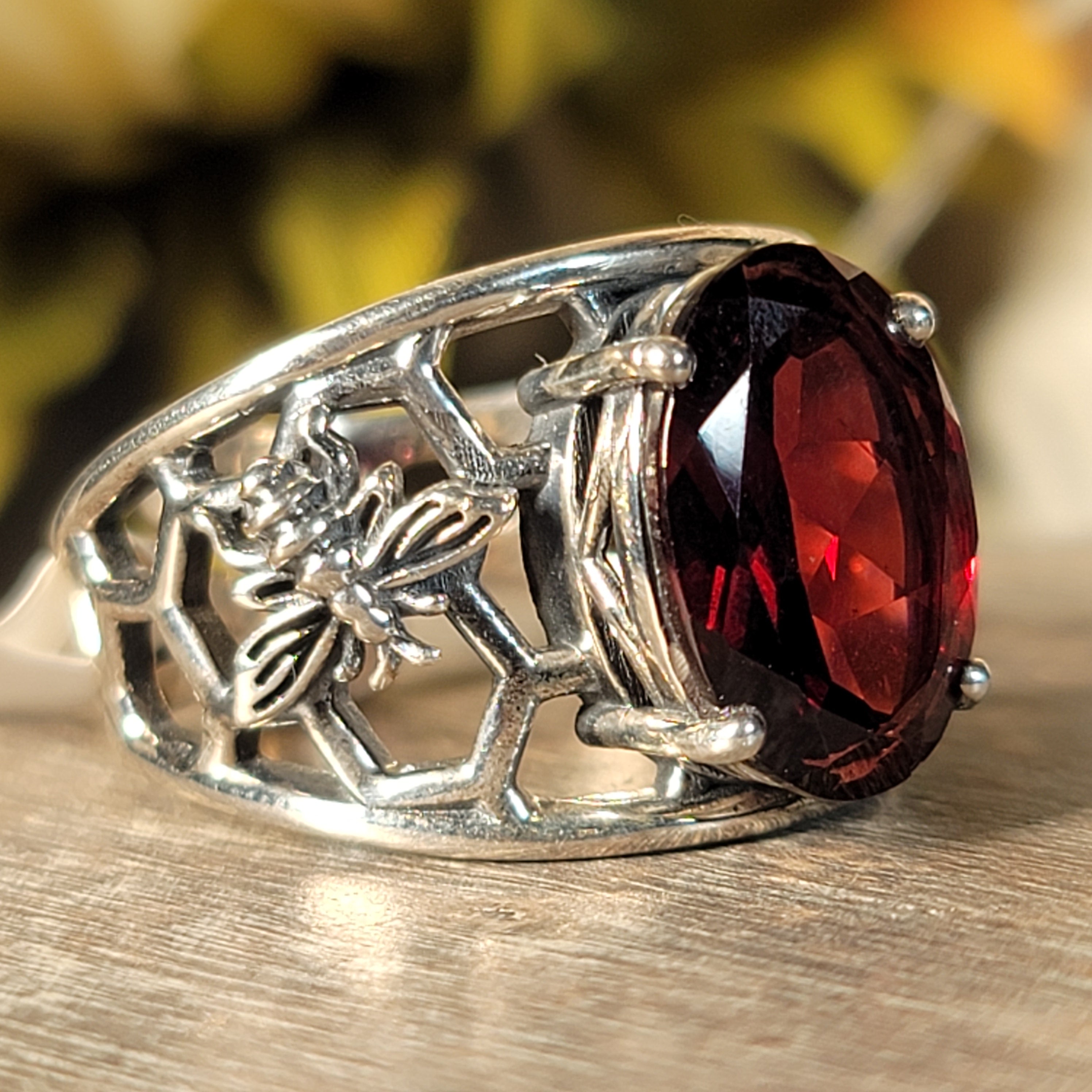 Garnet Bee Adjustable Cuff Ring .925 Silver for Health and Strength