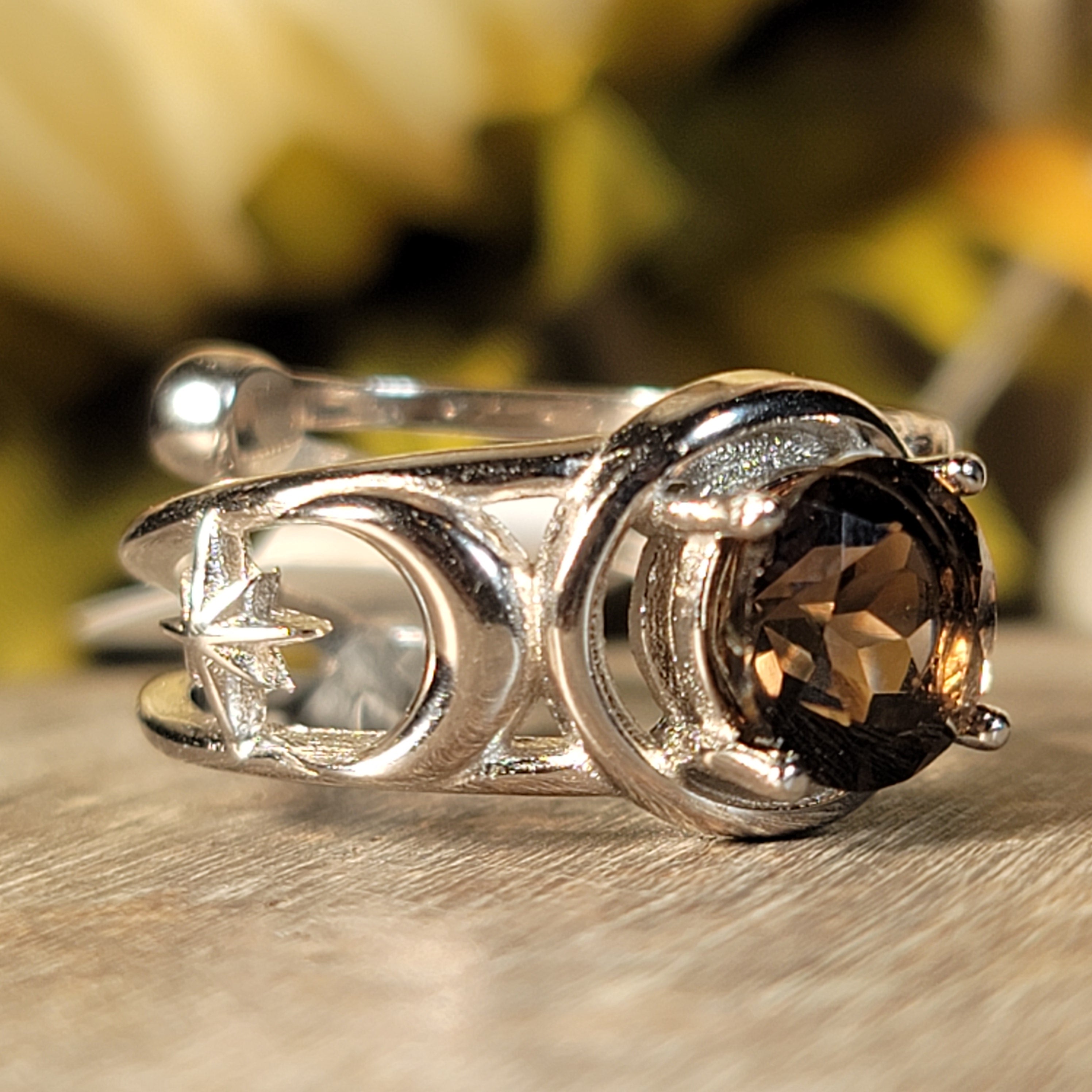 Smoky Quartz Triple Moon Cuff Ring Adjustable Ring .925 Silver for Energetic Cleansing, Manifestation and Protection