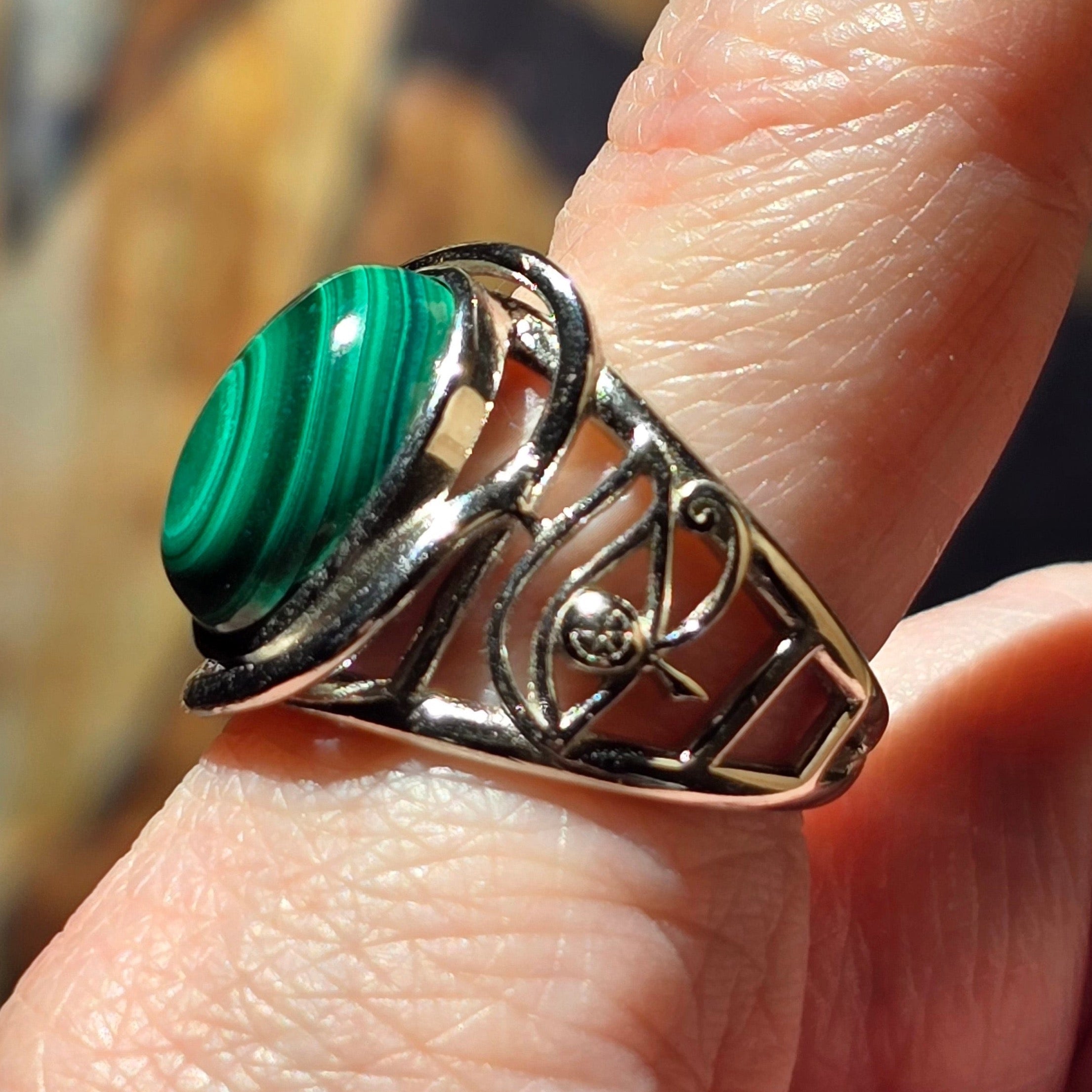 Malachite Egyptian Eye Adjustable Finger Cuff Ring .925 Silver for Love, Transformation and Wealth