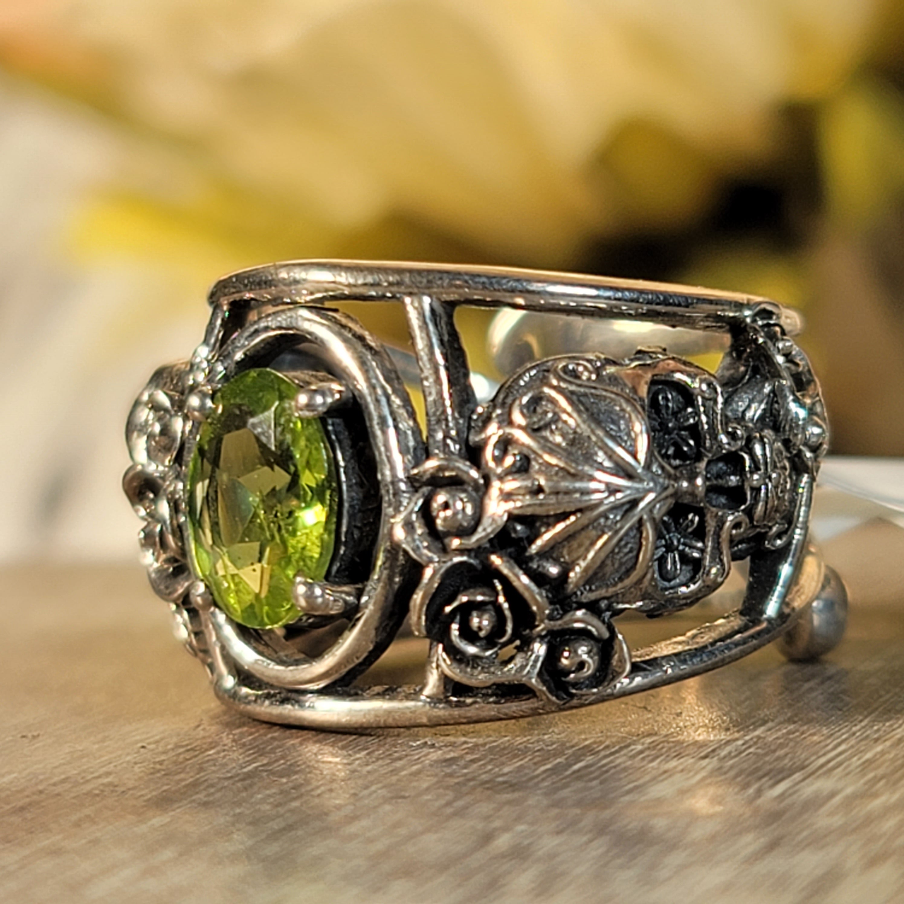 Peridot Dia de los Muertos Cuff Ring .925 Silver for Power, Prosperity and Protection