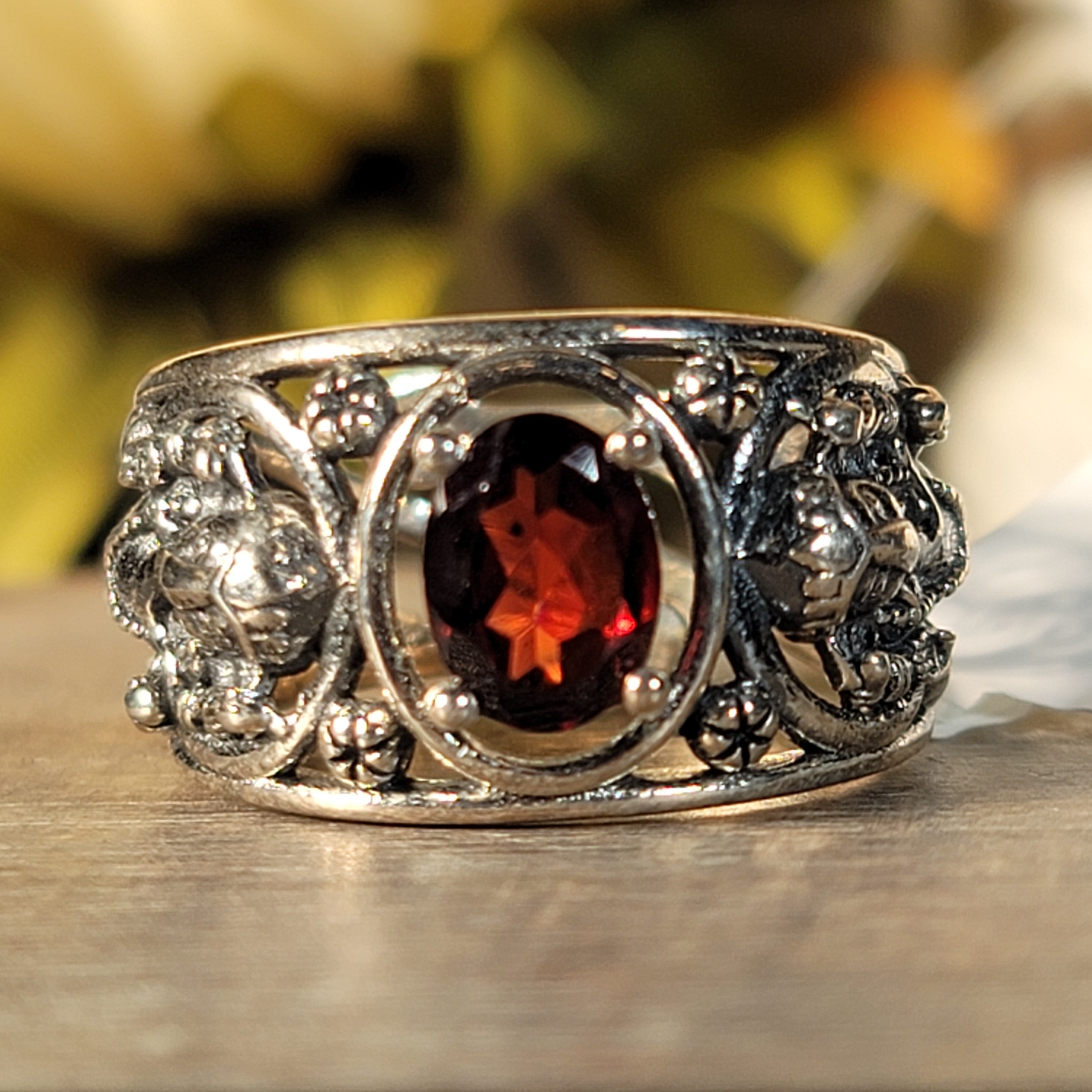 Garnet Ganesha Cuff Ring .925 Silver for Health and Strength