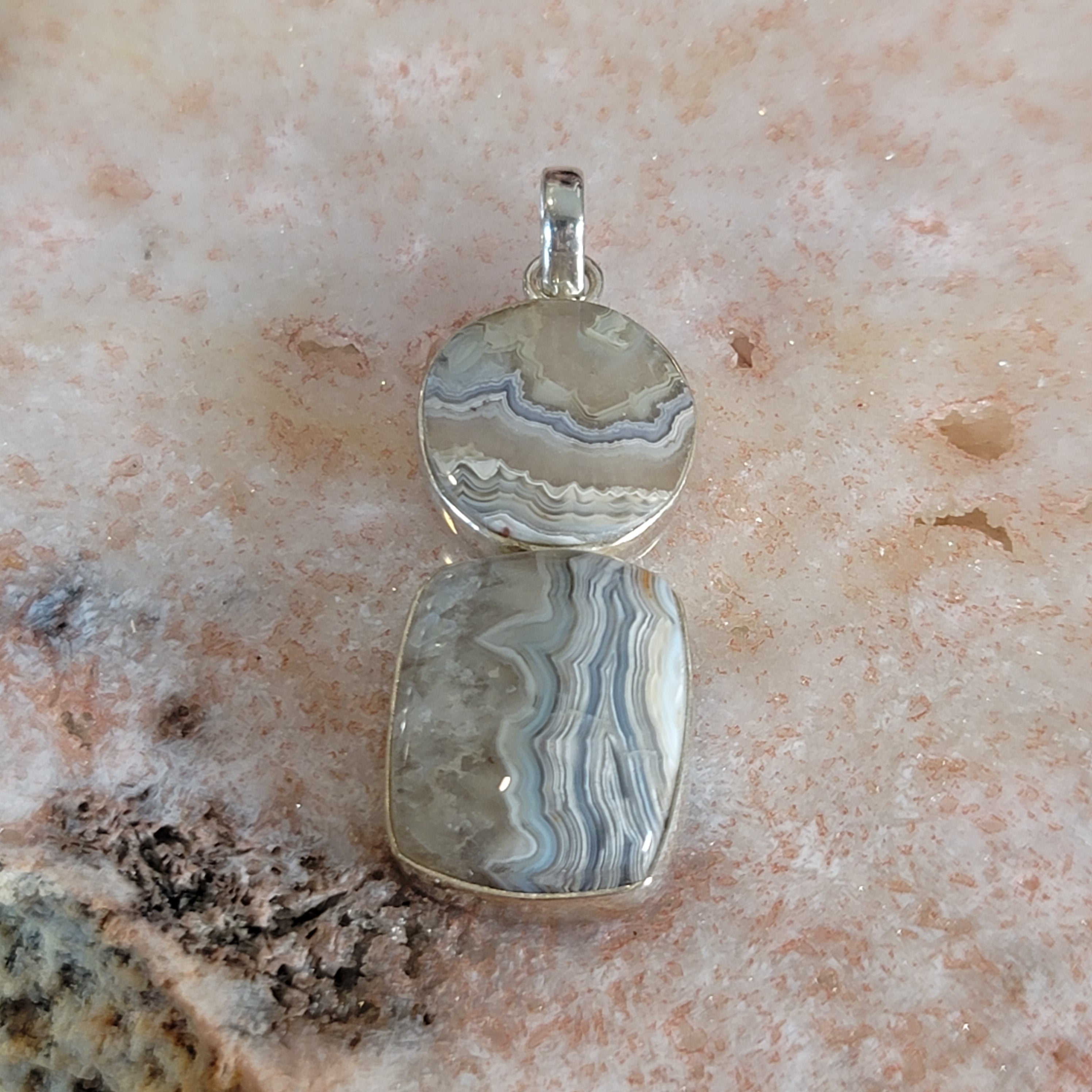 Grey Crazy Lace Agate Pendant .925 Silver for Joy and Protection