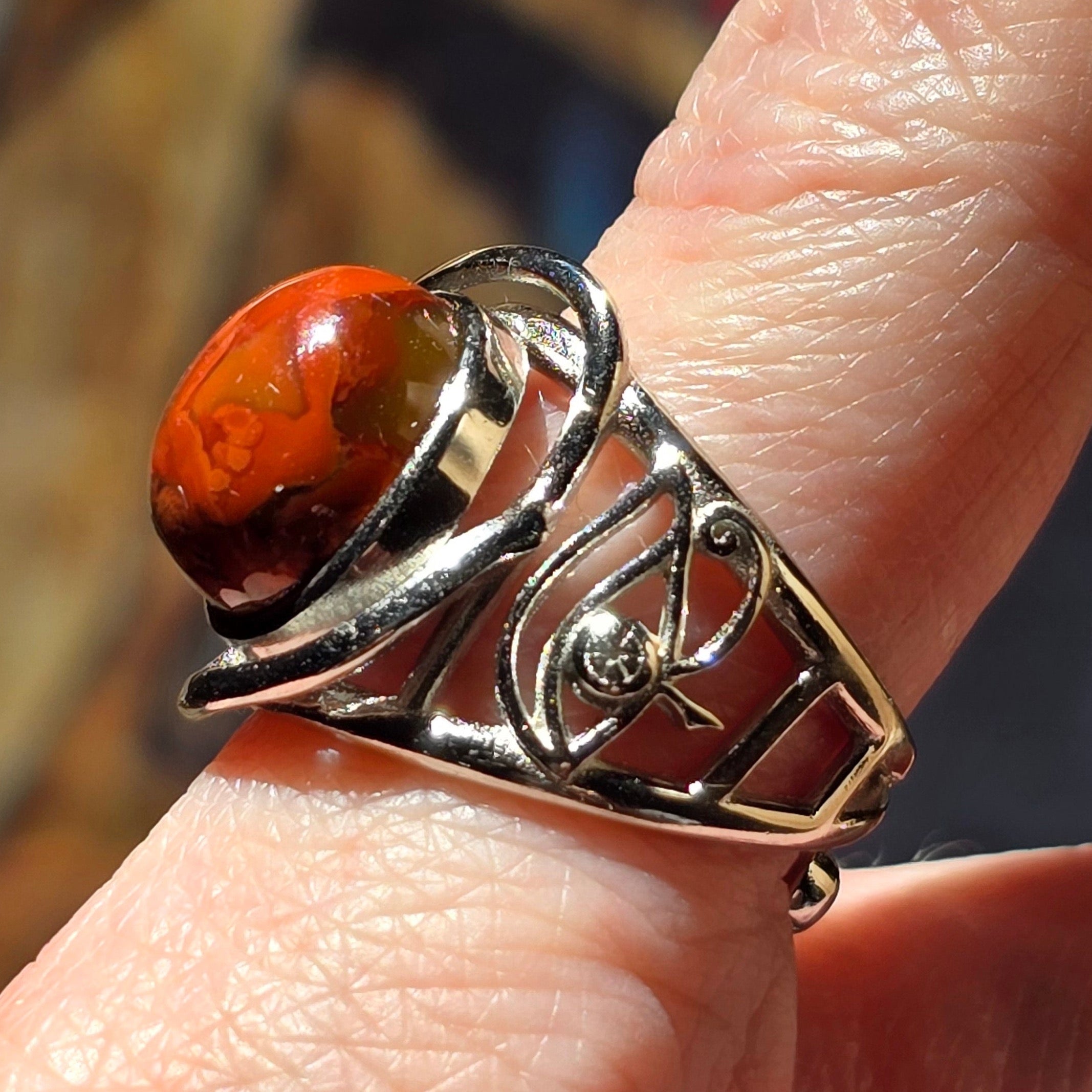 Red Lace Agate Egyptian Eye Adjustable Finger Cuff Ring .925 Silver for Creativity, Joy and Passion