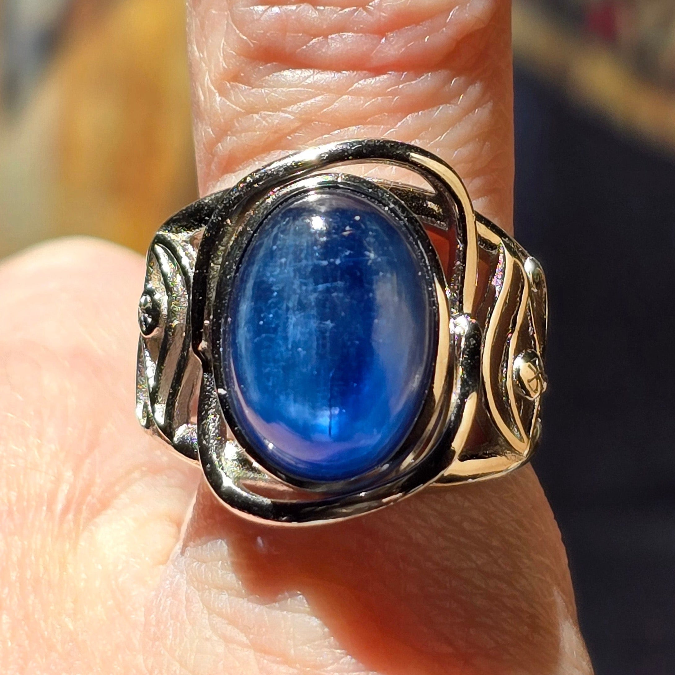 Kyanite Egyptian Eye Adjustable Finger Cuff Ring .925 Silver for Energetic Clearing and Purification