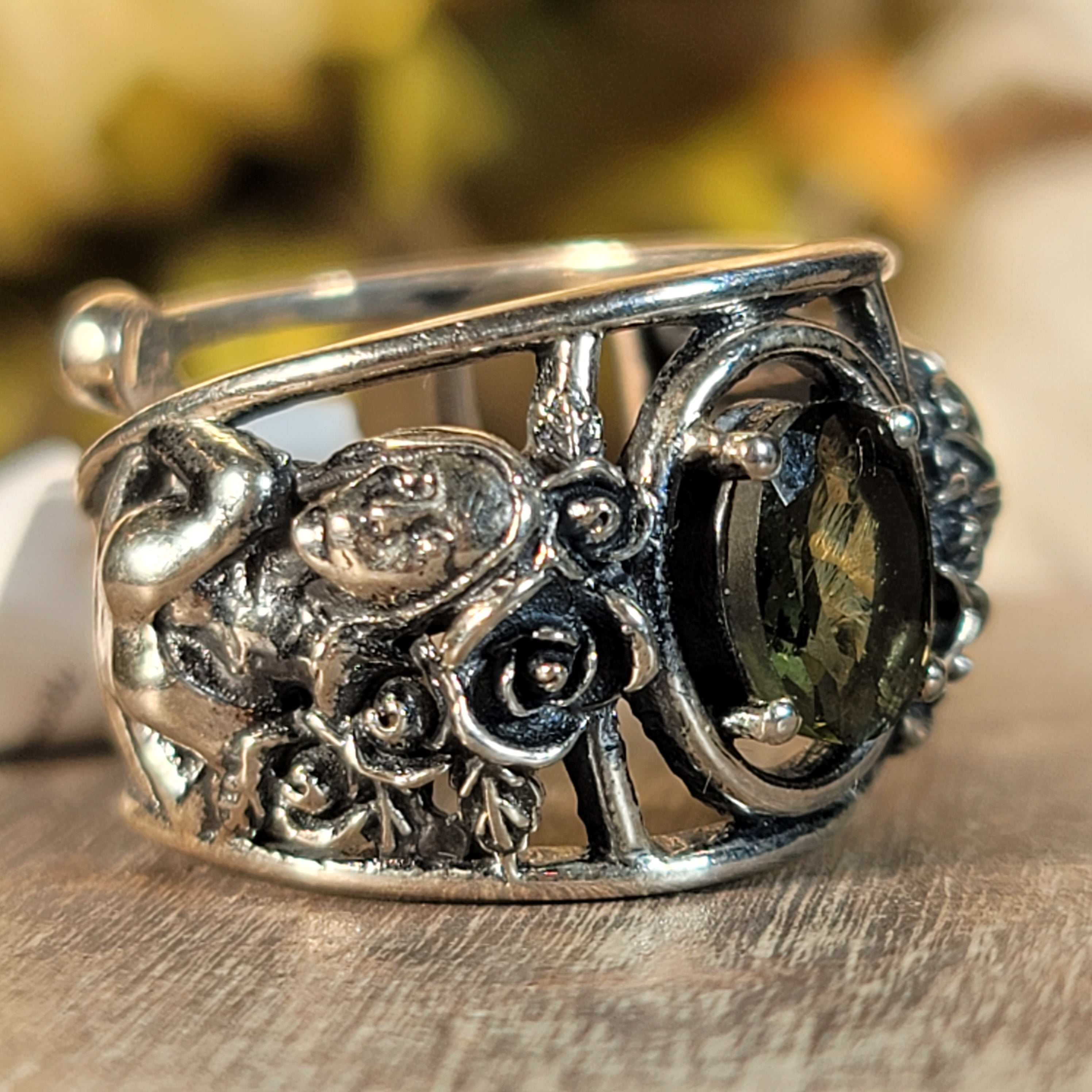 Moldavite Dia de los Muertos Cuff Ring .925 Silver for Manifesting your Dream Life