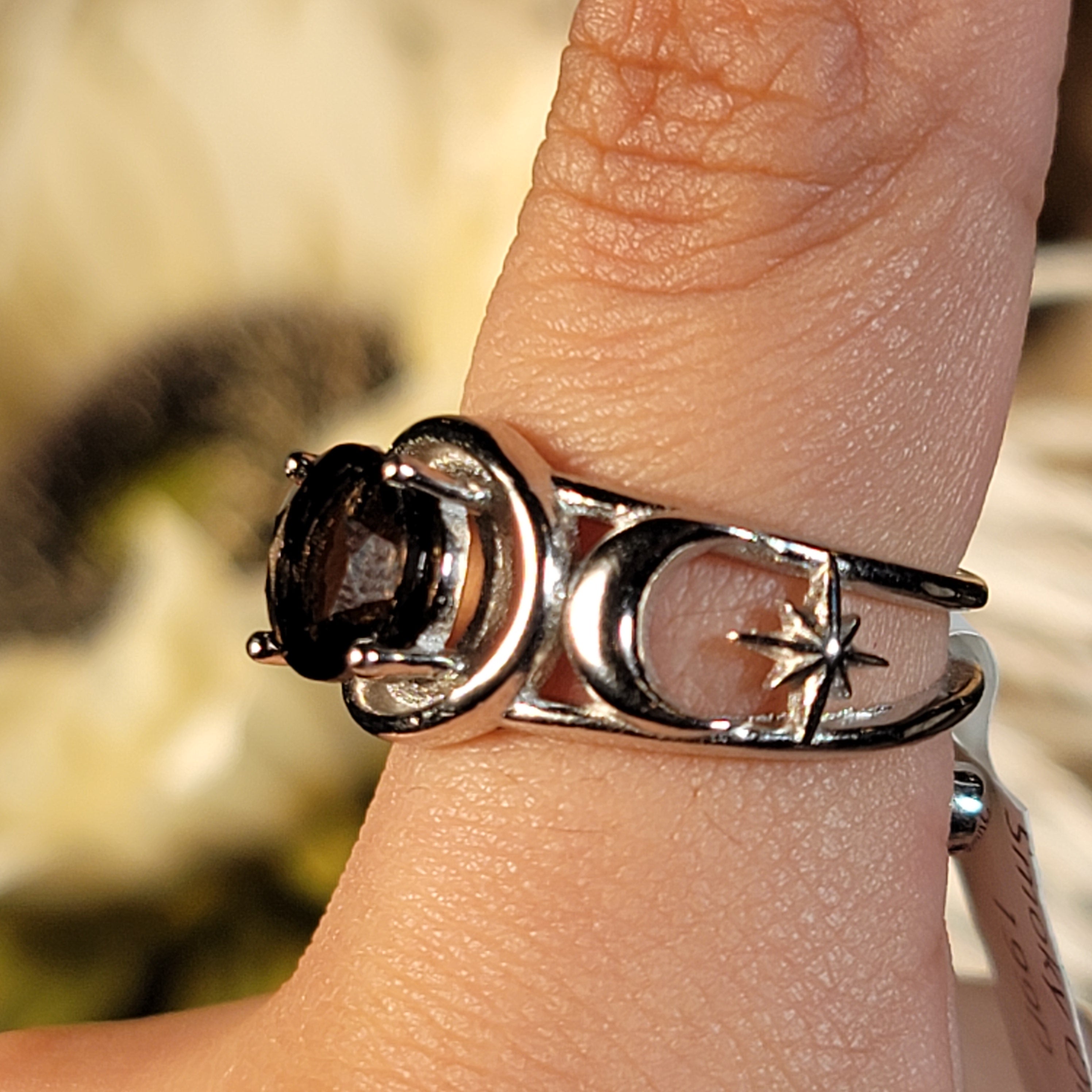 Smoky Quartz Triple Moon Cuff Ring Adjustable Ring .925 Silver for Energetic Cleansing, Manifestation and Protection