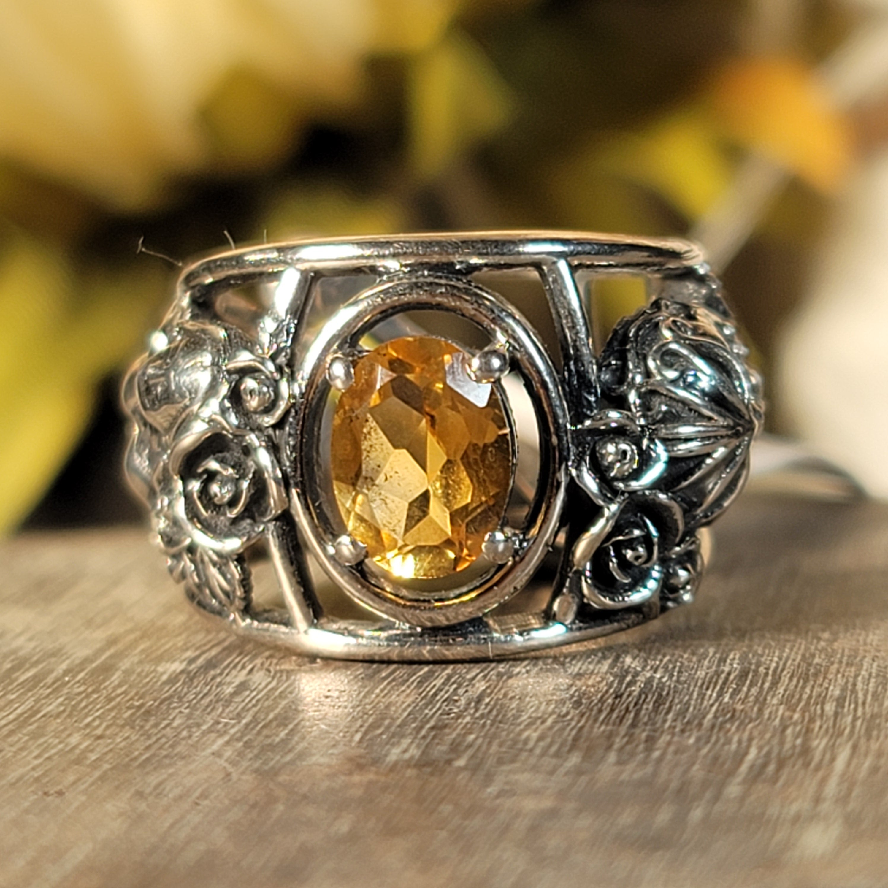 Citrine Dia de los Muertos Cuff Ring .925 Silver for Abundance, Good Luck and Positivity