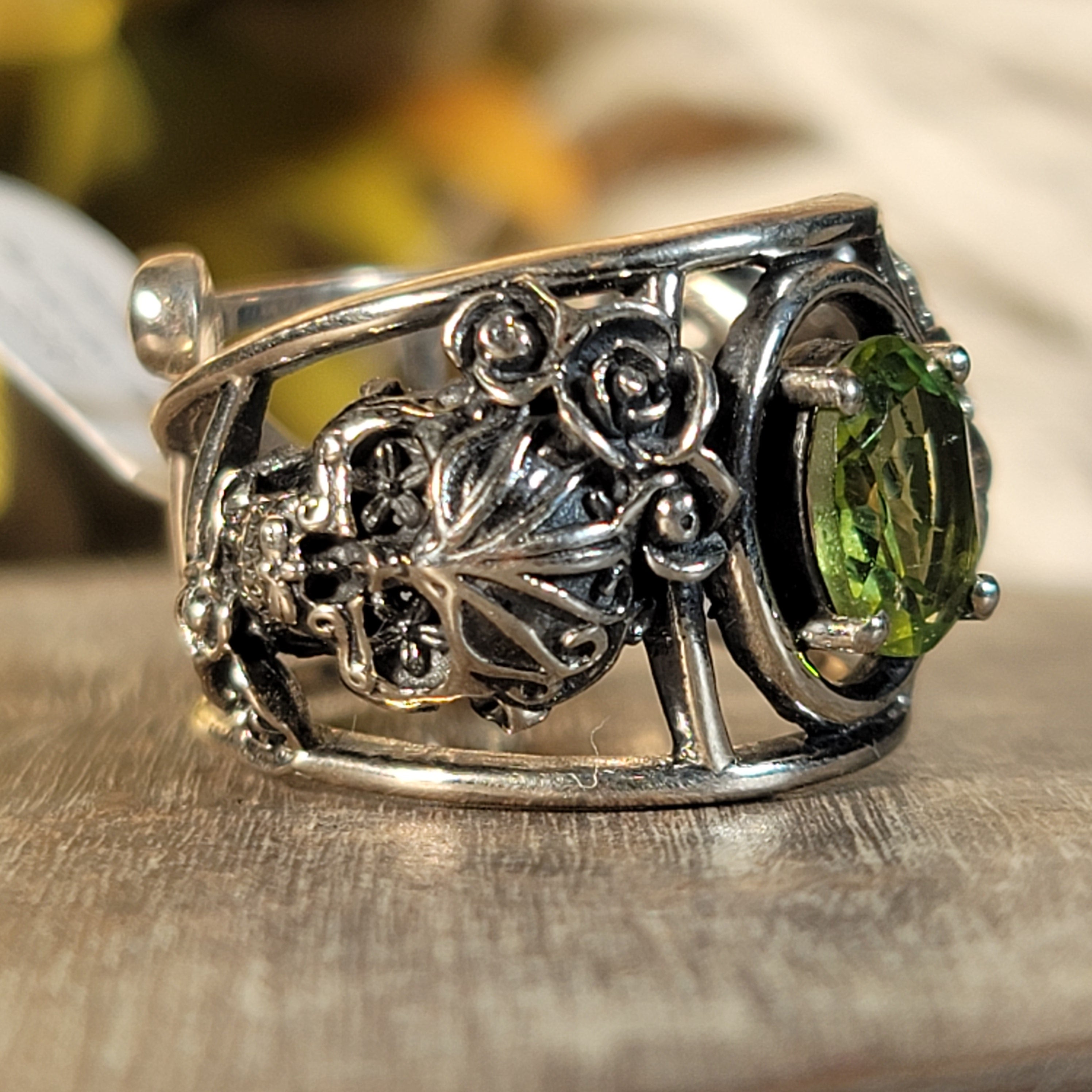 Green Tourmaline Dia de los Muertos Cuff Ring .925 Silver for Healing, Joy and Love