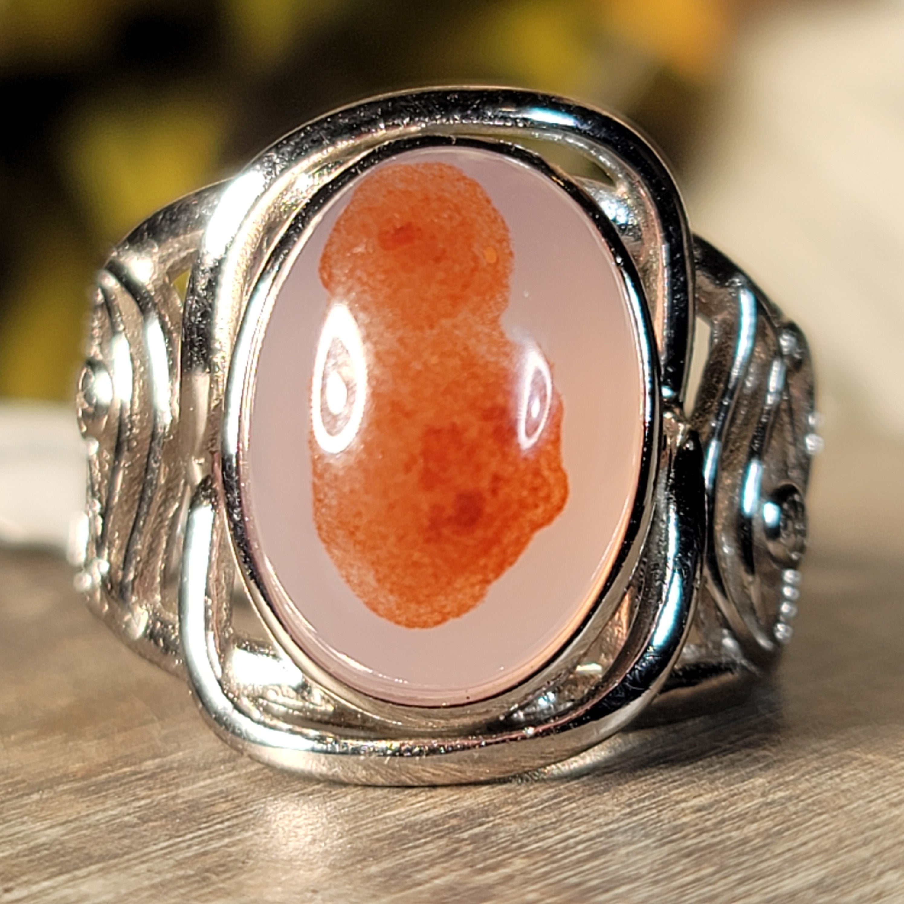 Red Plume Chalcedony Egyptian Eye Adjustable Cuff Ring .925 Silver for Emotional Healing, Joy and Love