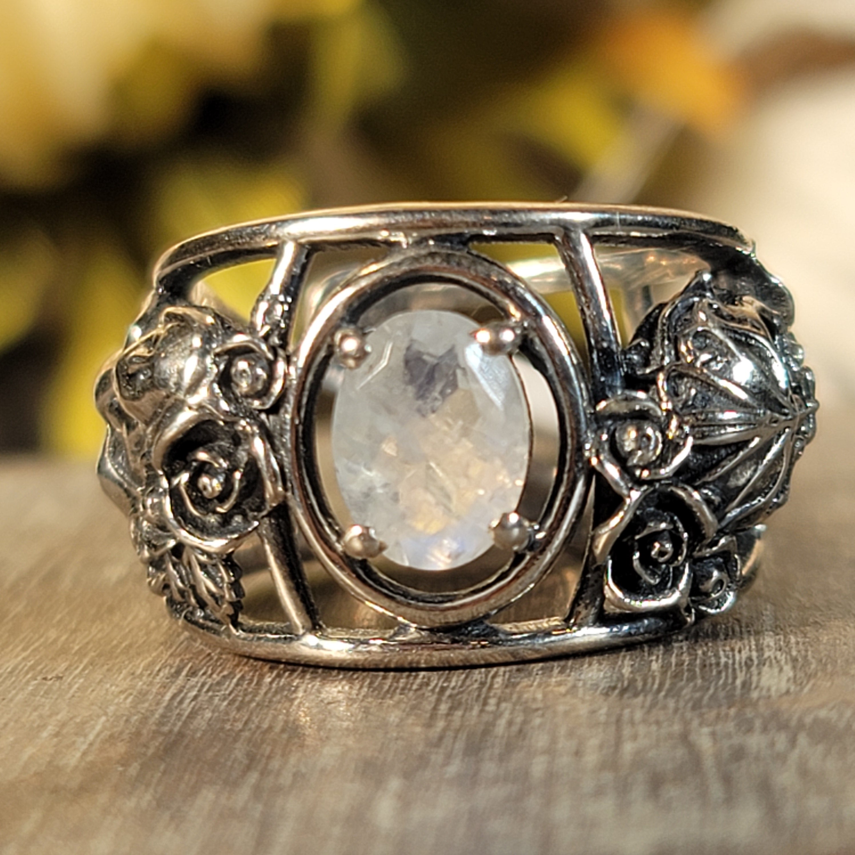 Rainbow Moonstone Dia de los Muertos Cuff Ring .925 Silver for New Beginnings, Protection and Manifestation