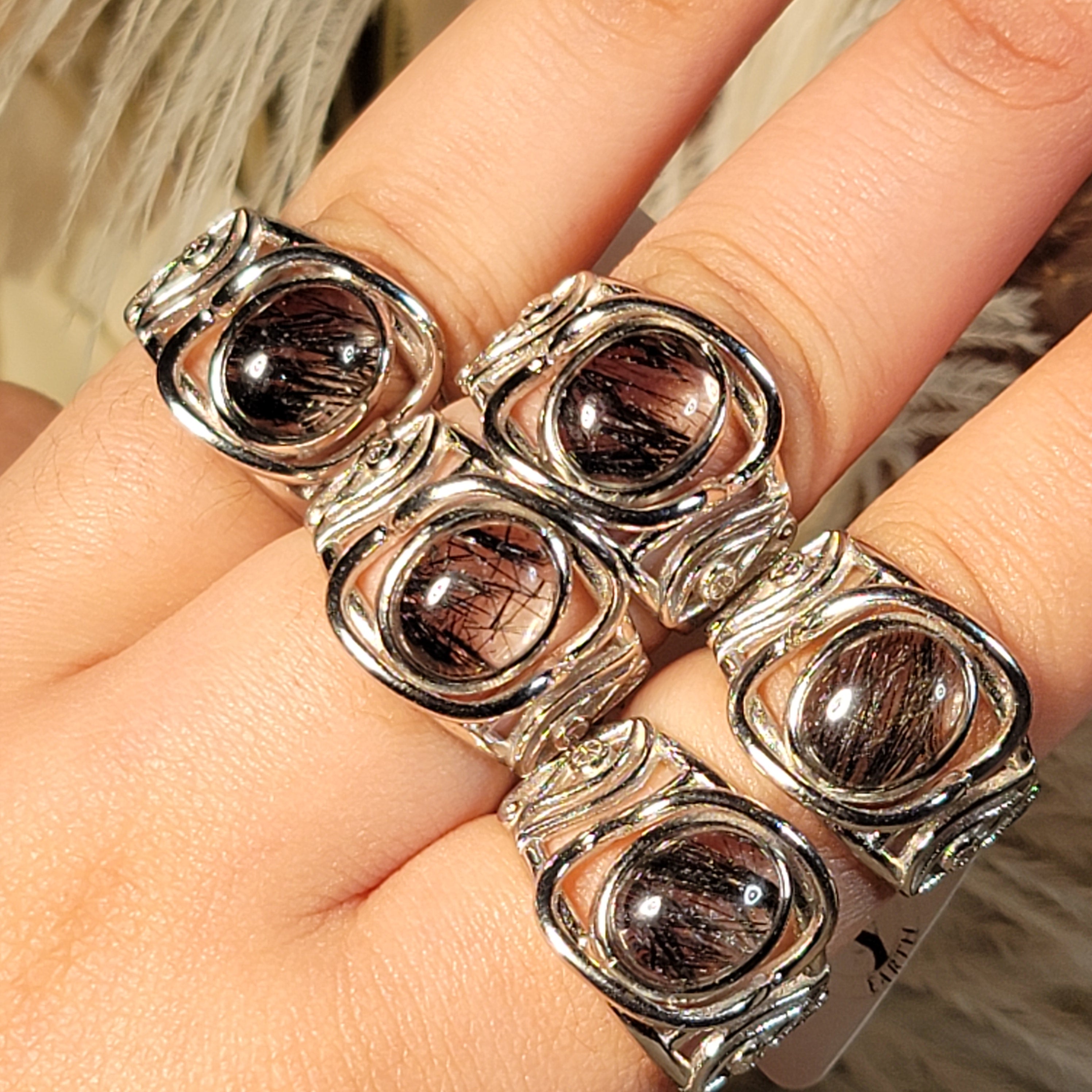 Black Tourmaline in Quartz Egyptian Eye Cuff Ring .925 Sterling Silver for Powerful Protection and Aura Cleansing