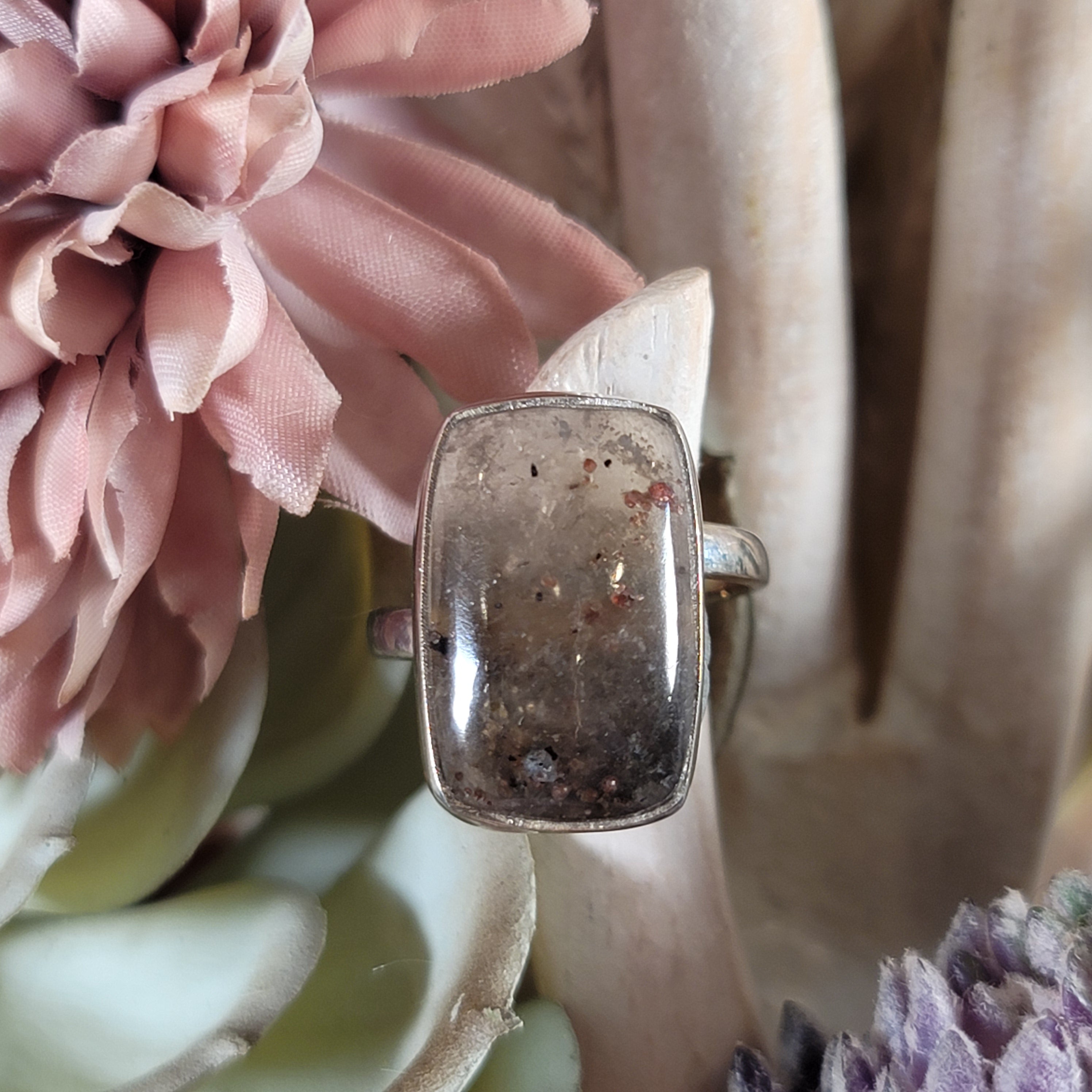 Garnet in Quartz .925 Silver Adjustable Ring for Manifesting Health, Grounding and Protection