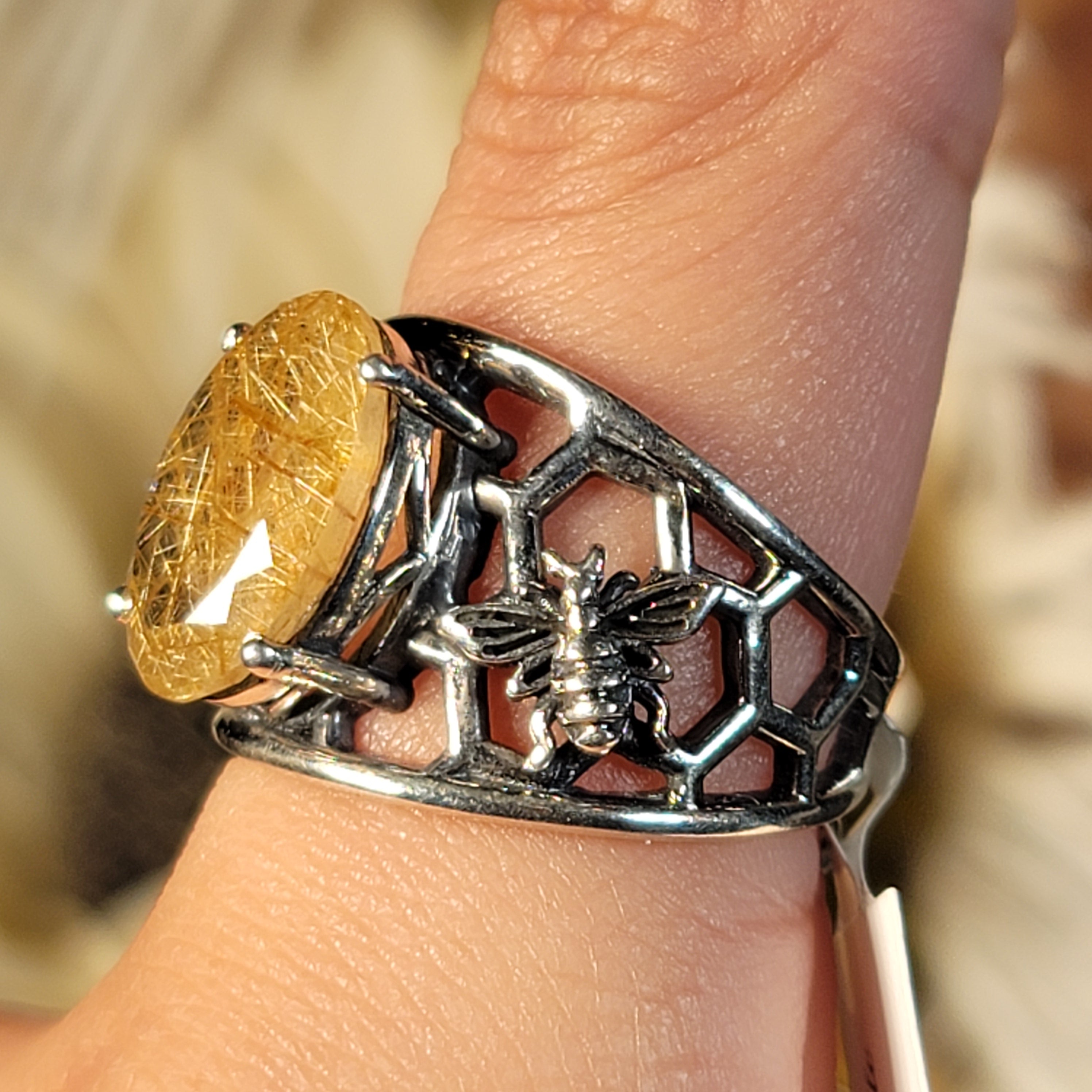 Gold Rutile Bee Cuff Ring .925 Silver for Insight, Meditation & Shamanic Journey