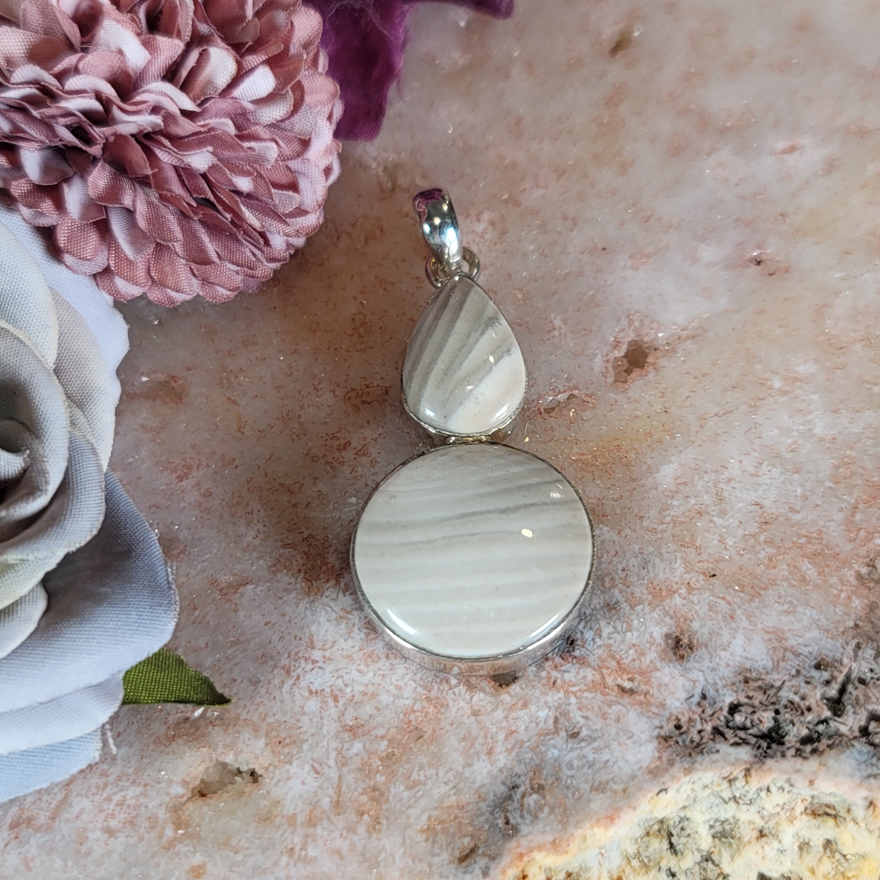 Polish Striped Flint Pendant .925 Silver for Powerful Protection Against Negative Energy