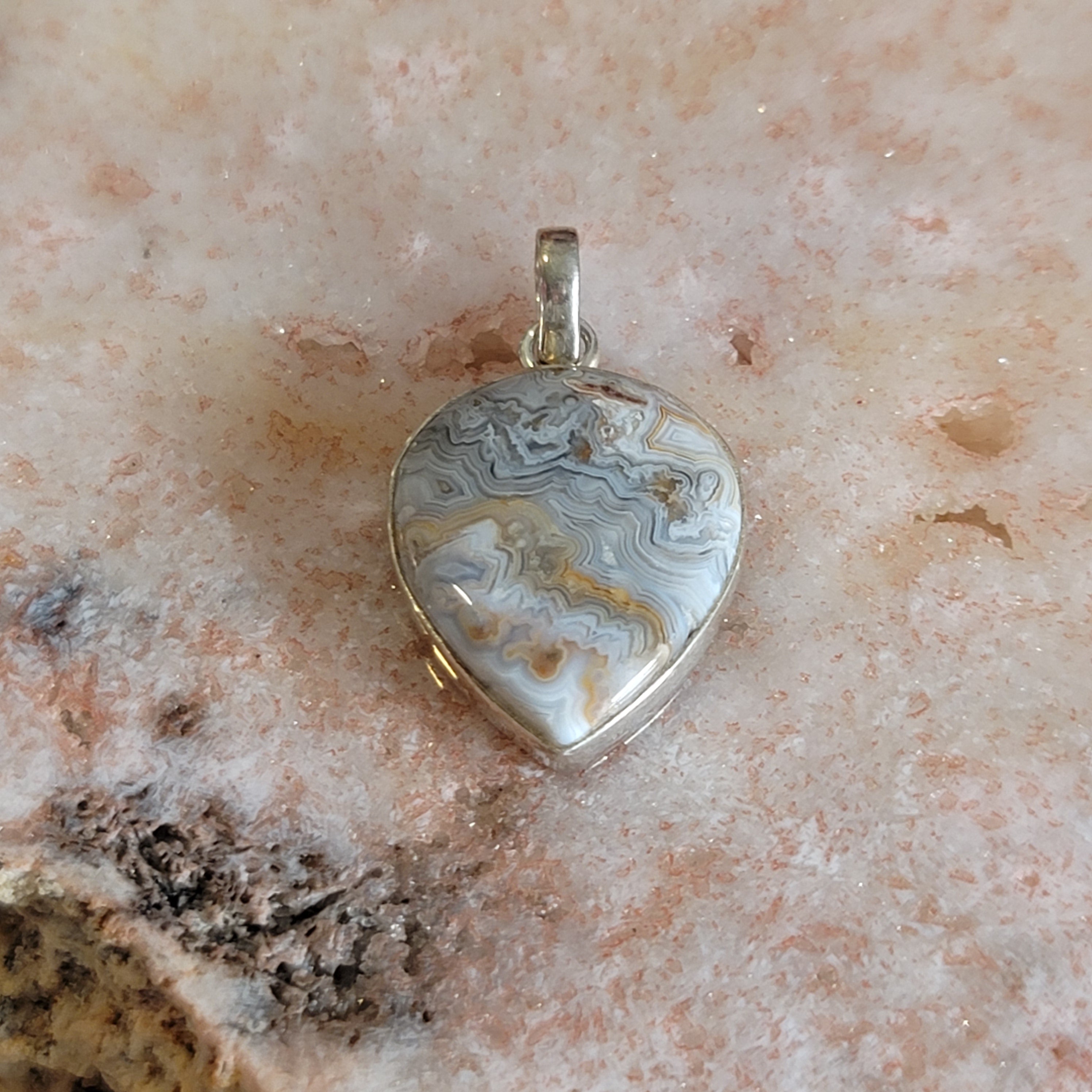 Grey Crazy Lace Agate Pendant .925 Silver for Joy and Protection