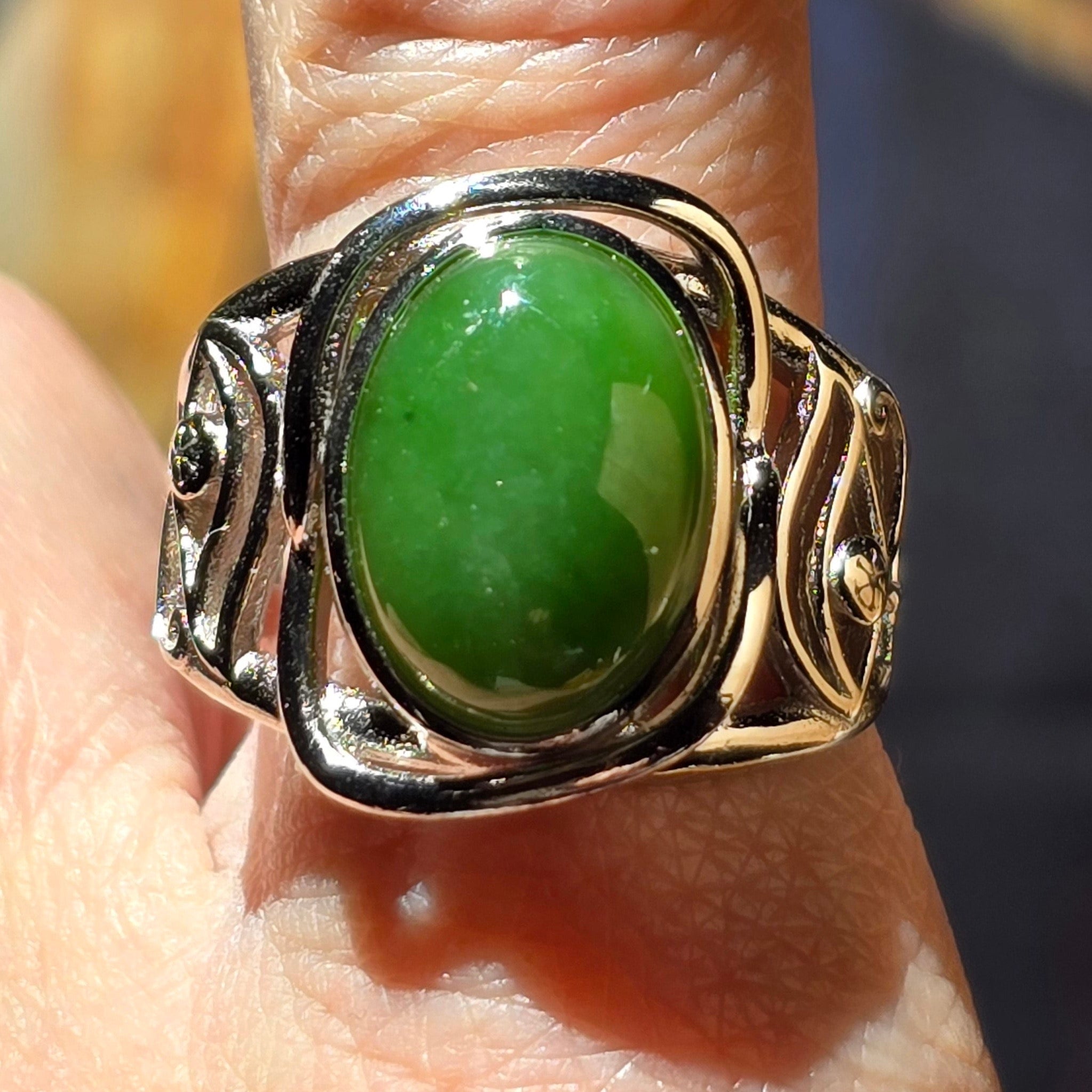 Nephrite Jade Egyptian Eye Adjustable Finger Cuff Ring .925 Silver for Abundance, Health, Protection and Good Luck