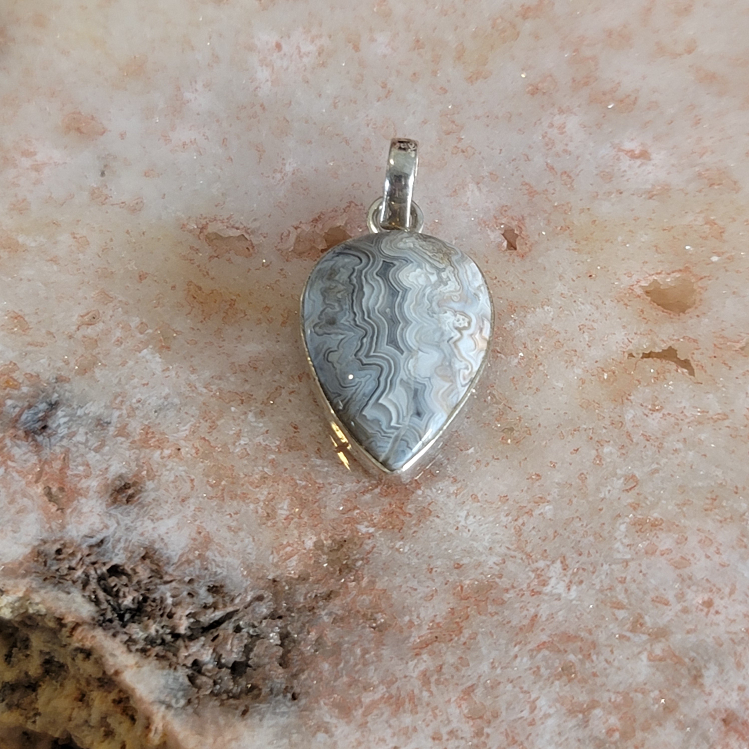 Grey Crazy Lace Agate Pendant .925 Silver for Joy and Protection