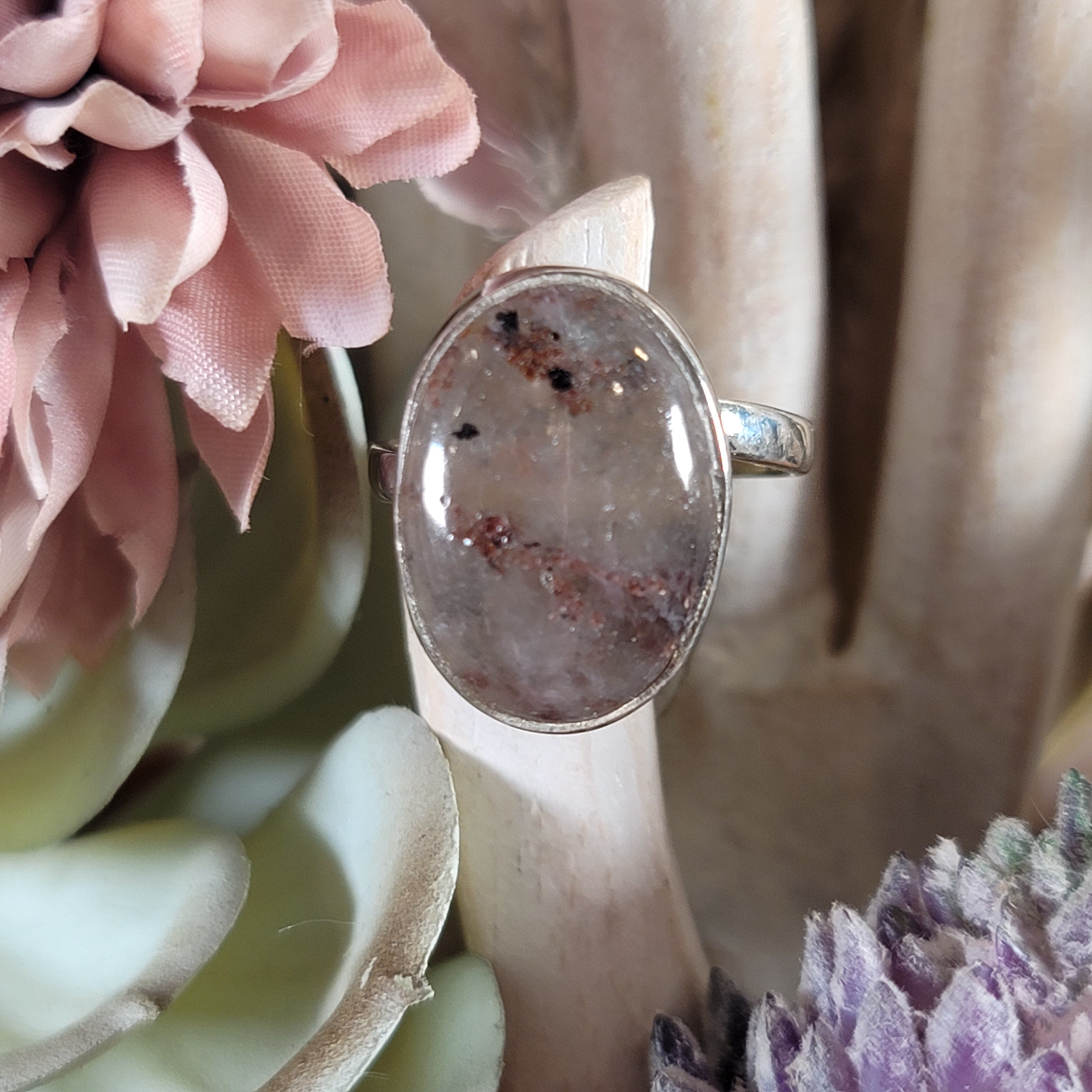 Garnet in Quartz .925 Silver Adjustable Ring for Manifesting Health, Grounding and Protection