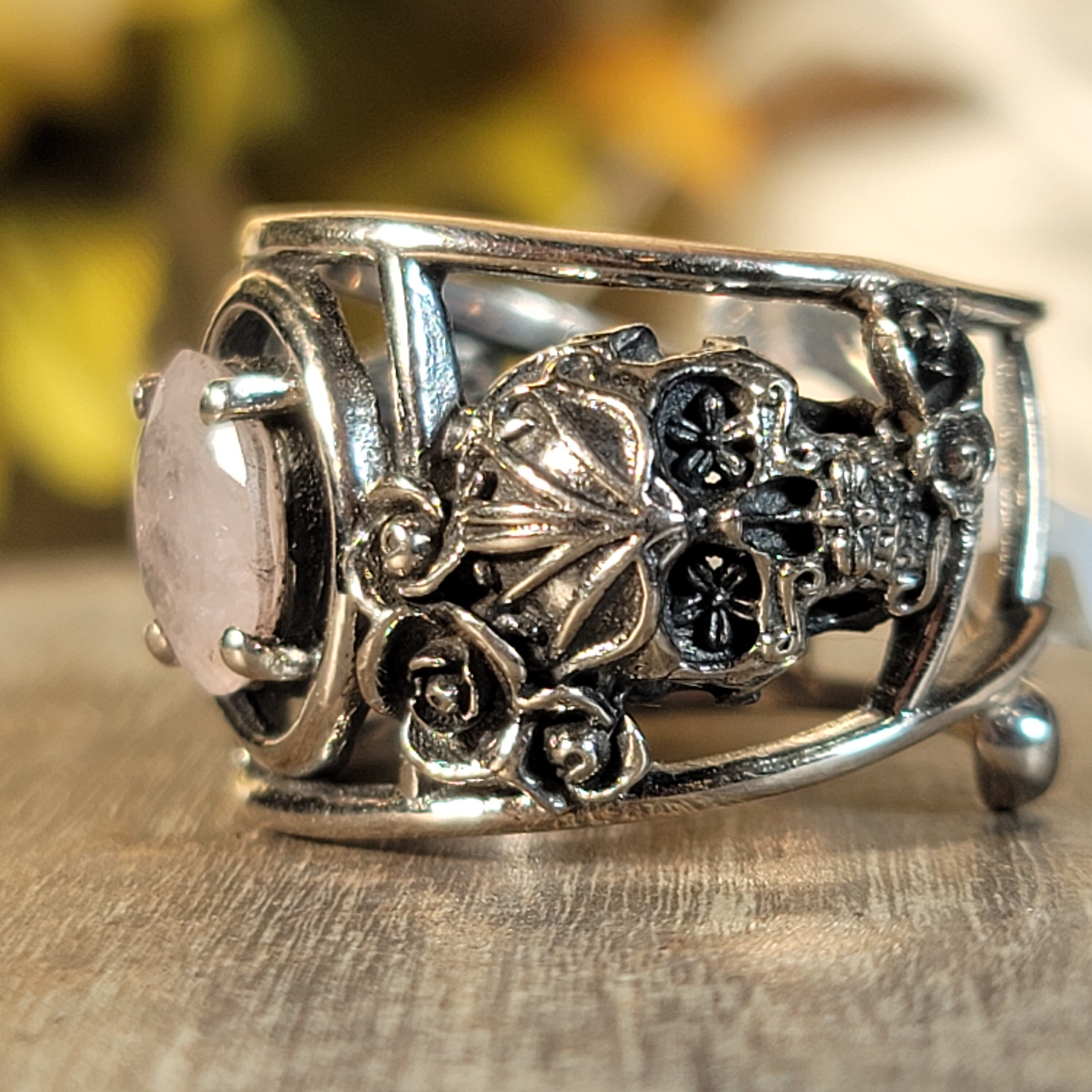 Morganite Dia de los Muertos Adjustable Cuff Ring .925 Silver for Abundance of Joy and Love