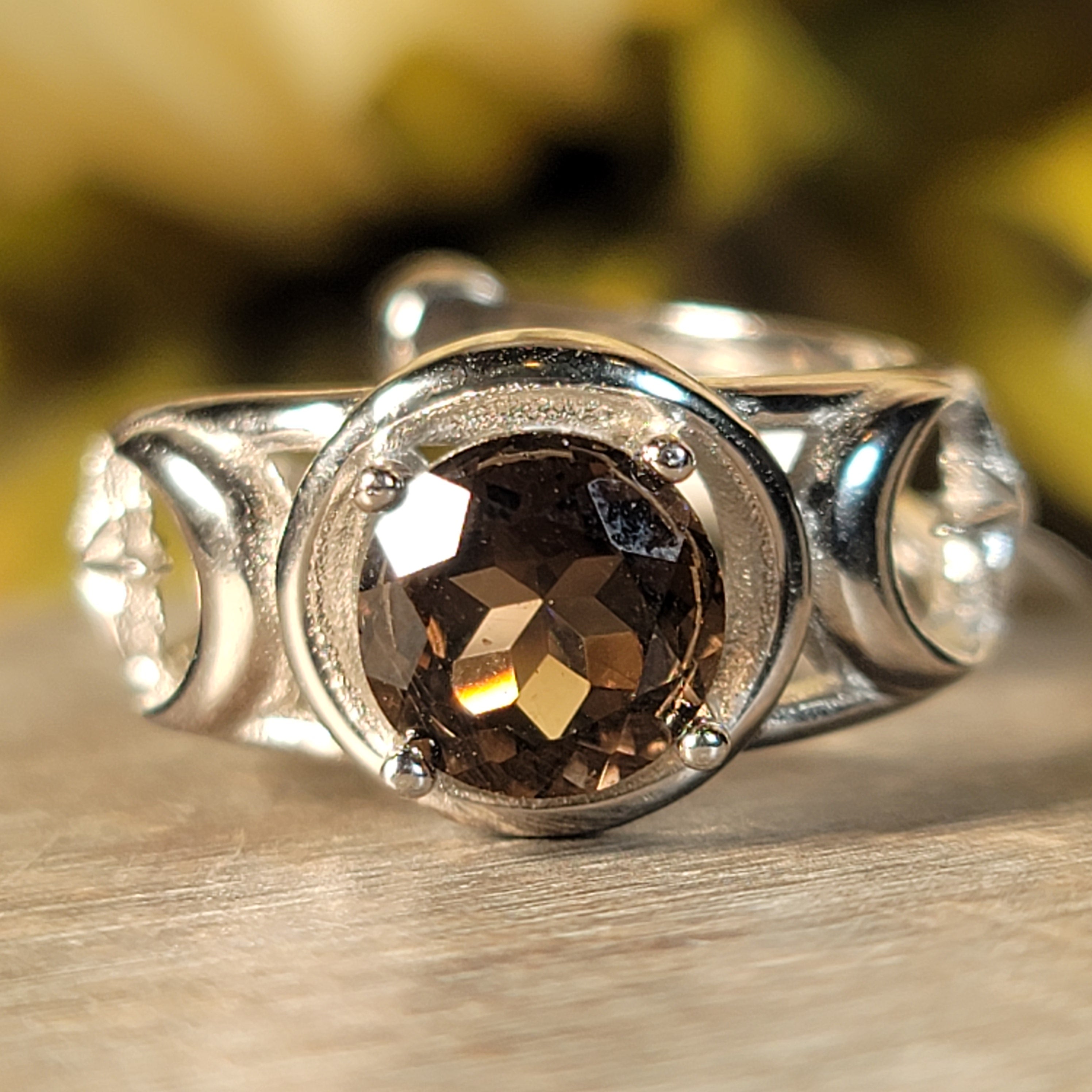 Smoky Quartz Triple Moon Cuff Ring Adjustable Ring .925 Silver for Energetic Cleansing, Manifestation and Protection