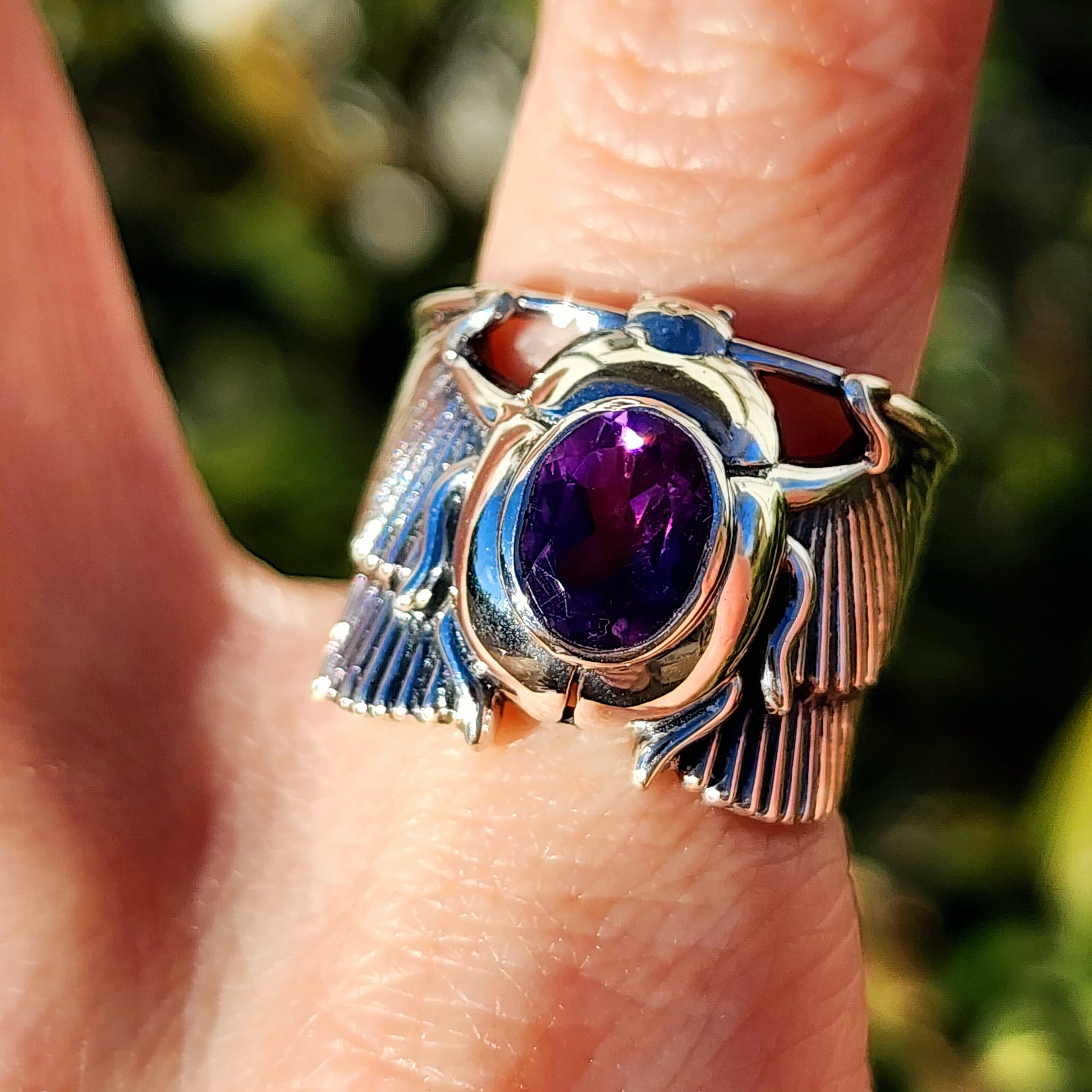Amethyst Scarab Finger Cuff Adjustable Ring .925 Silver for Intuition, Luck, Protection and Purification