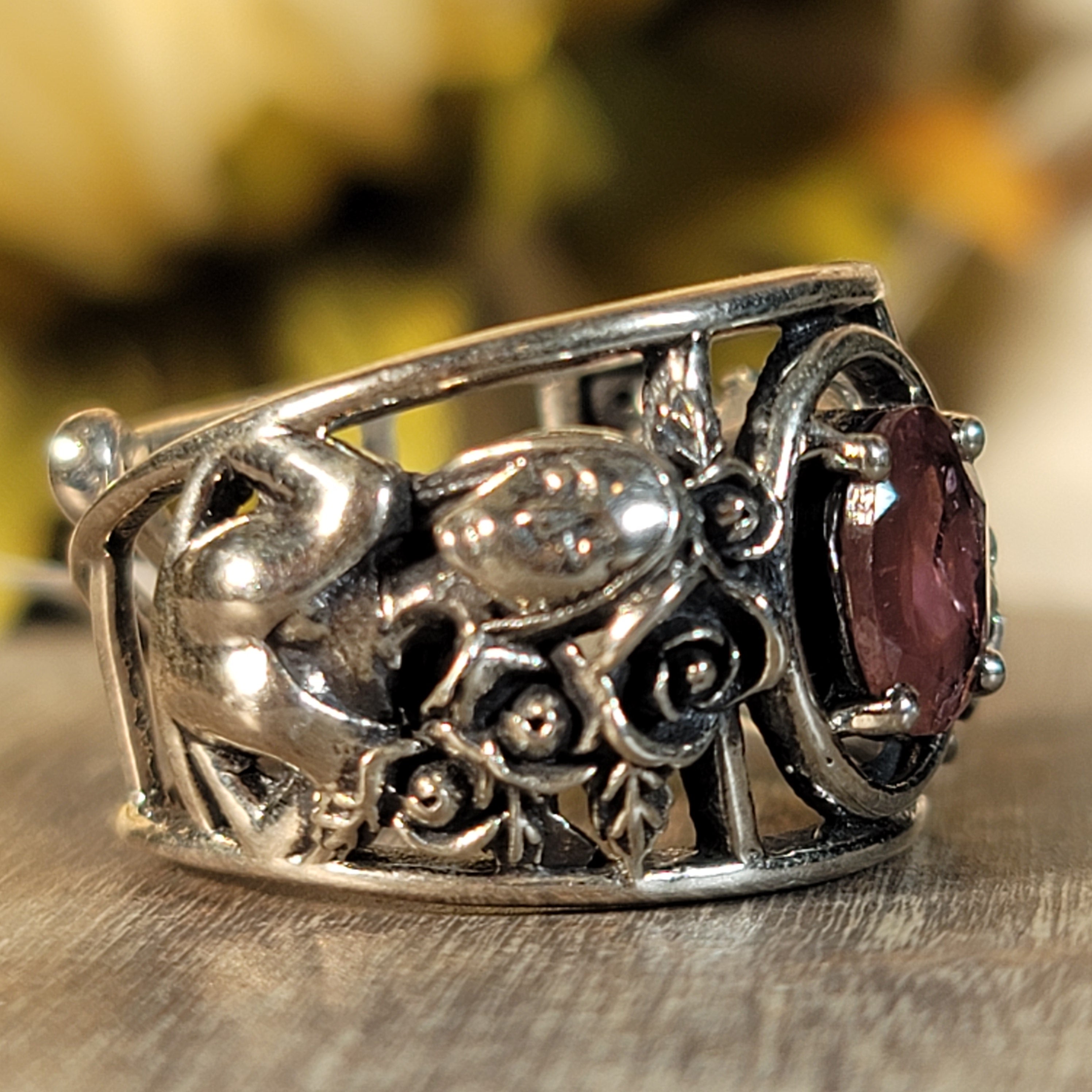 Pink Tourmaline Dia de los Muertos Adjustable Cuff Ring .925 Silver for Emotional Healing, Joy and Love