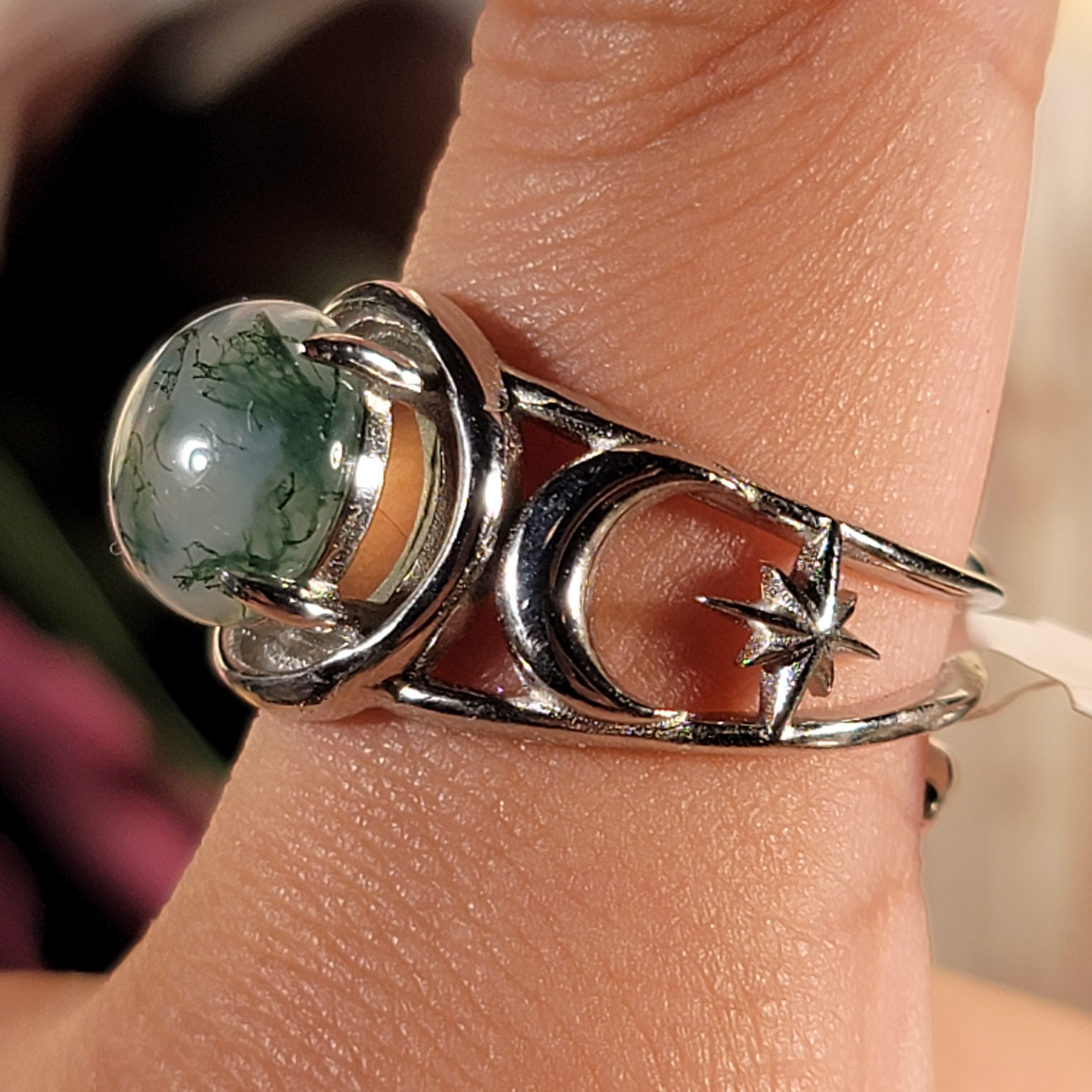 Moss Agate Triple Moon Adjustable Cuff Ring .925 Silver for Creating your Dreams