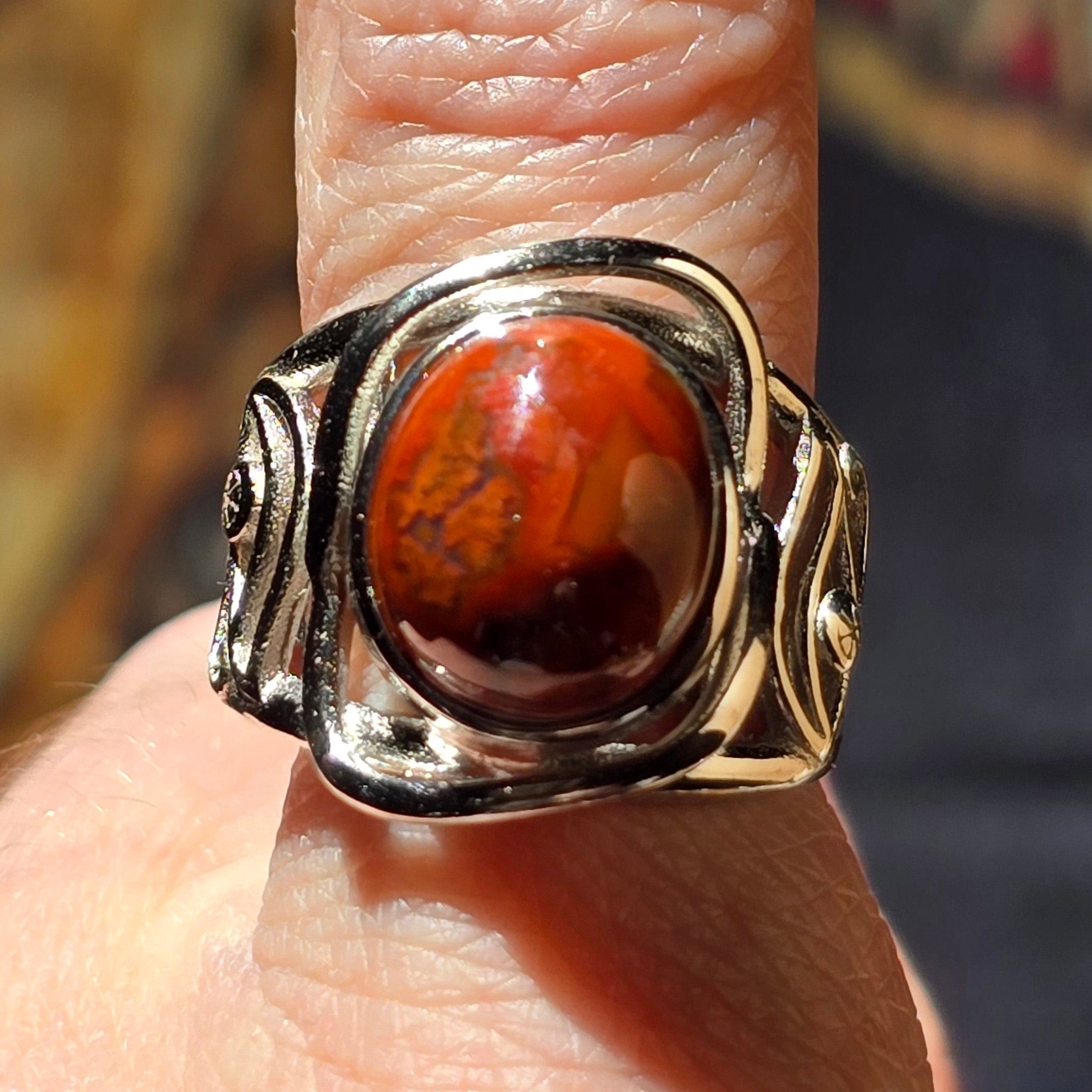 Red Lace Agate Egyptian Eye Adjustable Finger Cuff Ring .925 Silver for Creativity, Joy and Passion