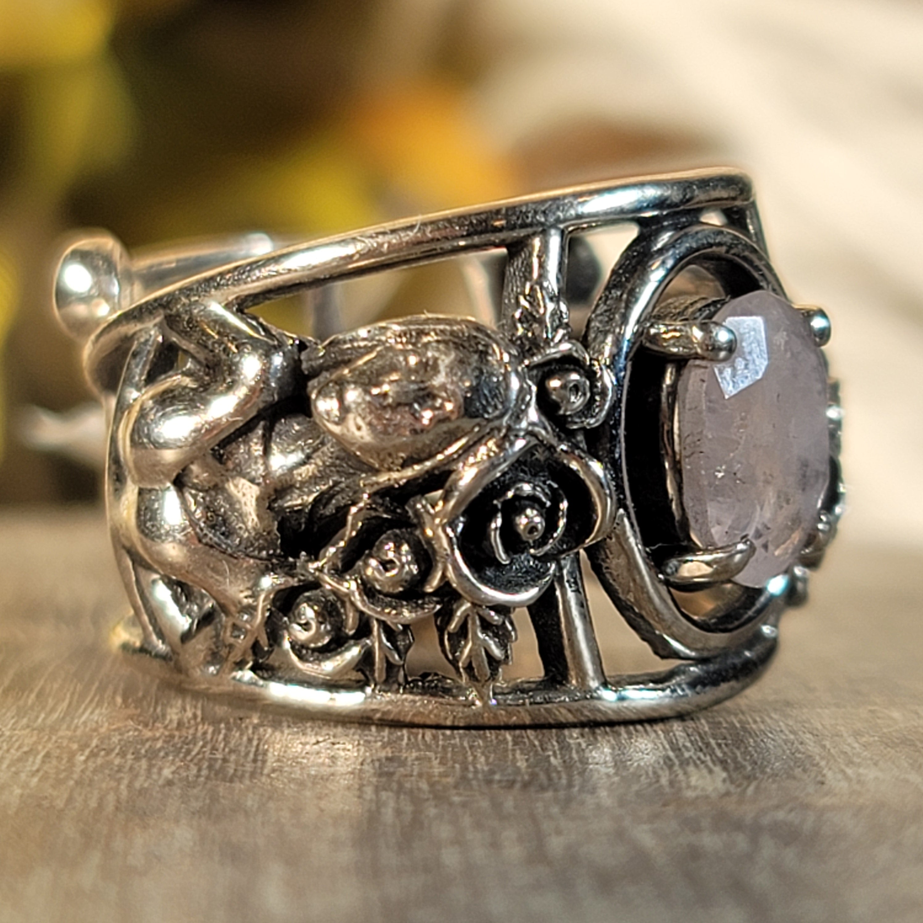 Morganite Dia de los Muertos Adjustable Cuff Ring .925 Silver for Abundance of Joy and Love