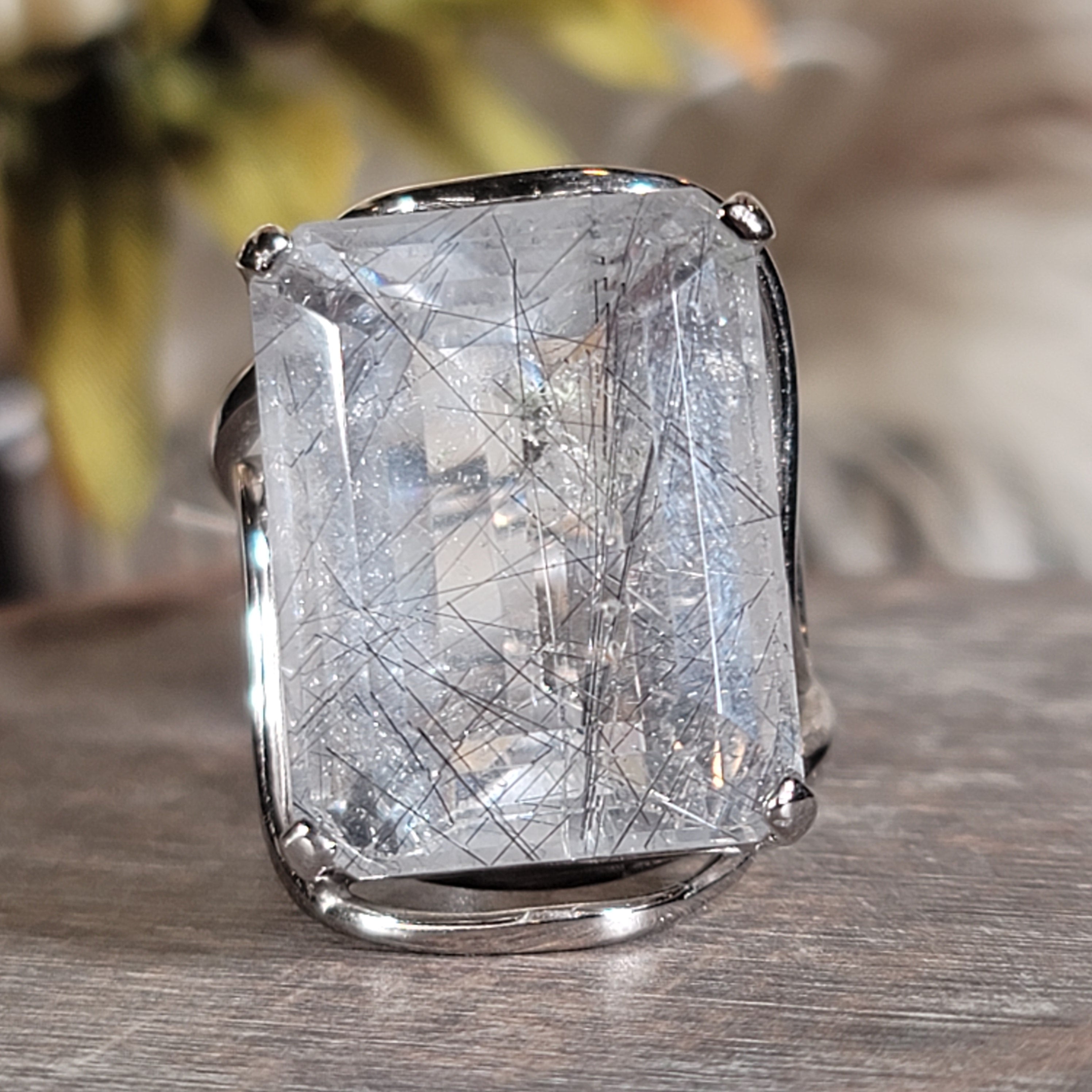 Black Tourmaline in Quartz Cuff Ring .925 Sterling Silver for Powerful Protection and Aura Cleansing