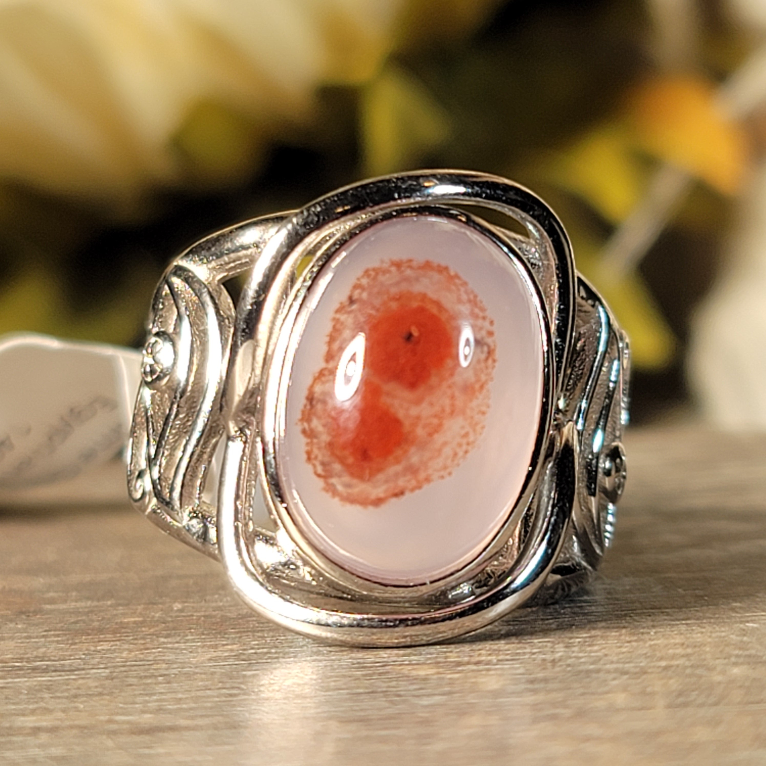 Red Plume Chalcedony Egyptian Eye Adjustable Cuff Ring .925 Silver for Emotional Healing, Joy and Love