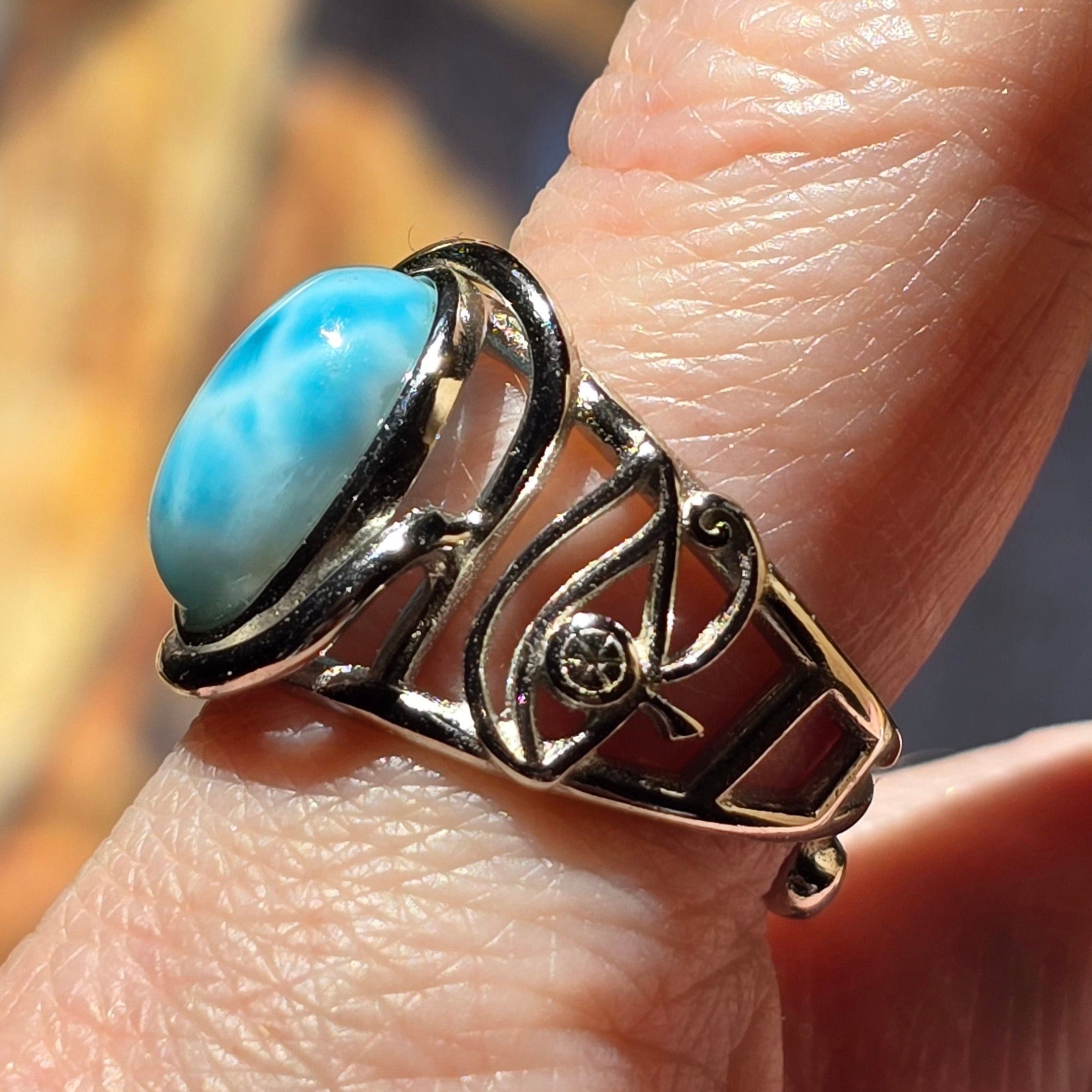 Larimar Egyptian Eye Adjustable Finger Cuff Ring .925 Silver for Communication, Peace and Divine Connection