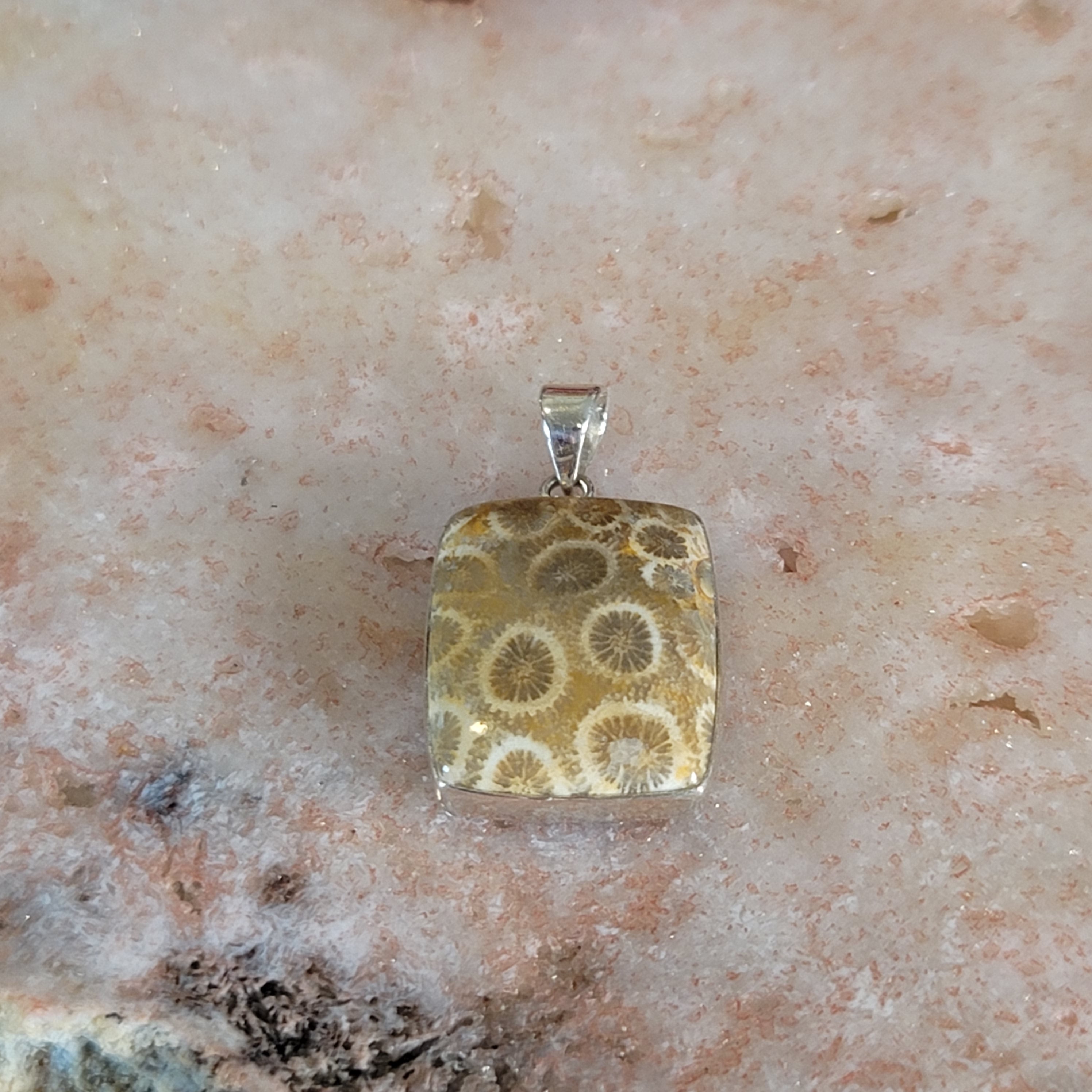 Agatized Coral Pendant .925 Silver for Emotional Healing and Peace