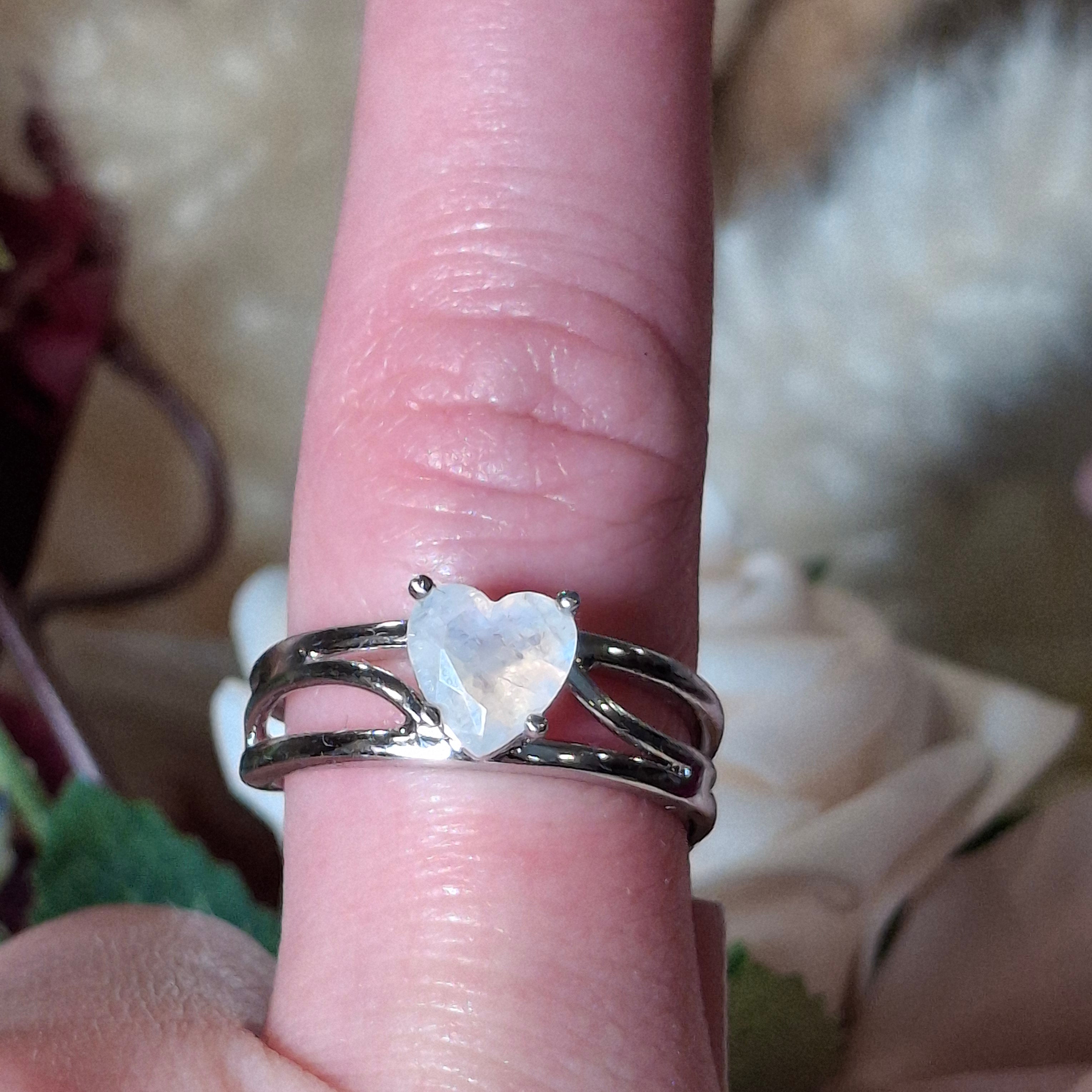 Rainbow Moonstone Dainty Heart Cuff Ring .925 Silver for New Beginnings, Protection and Manifestation