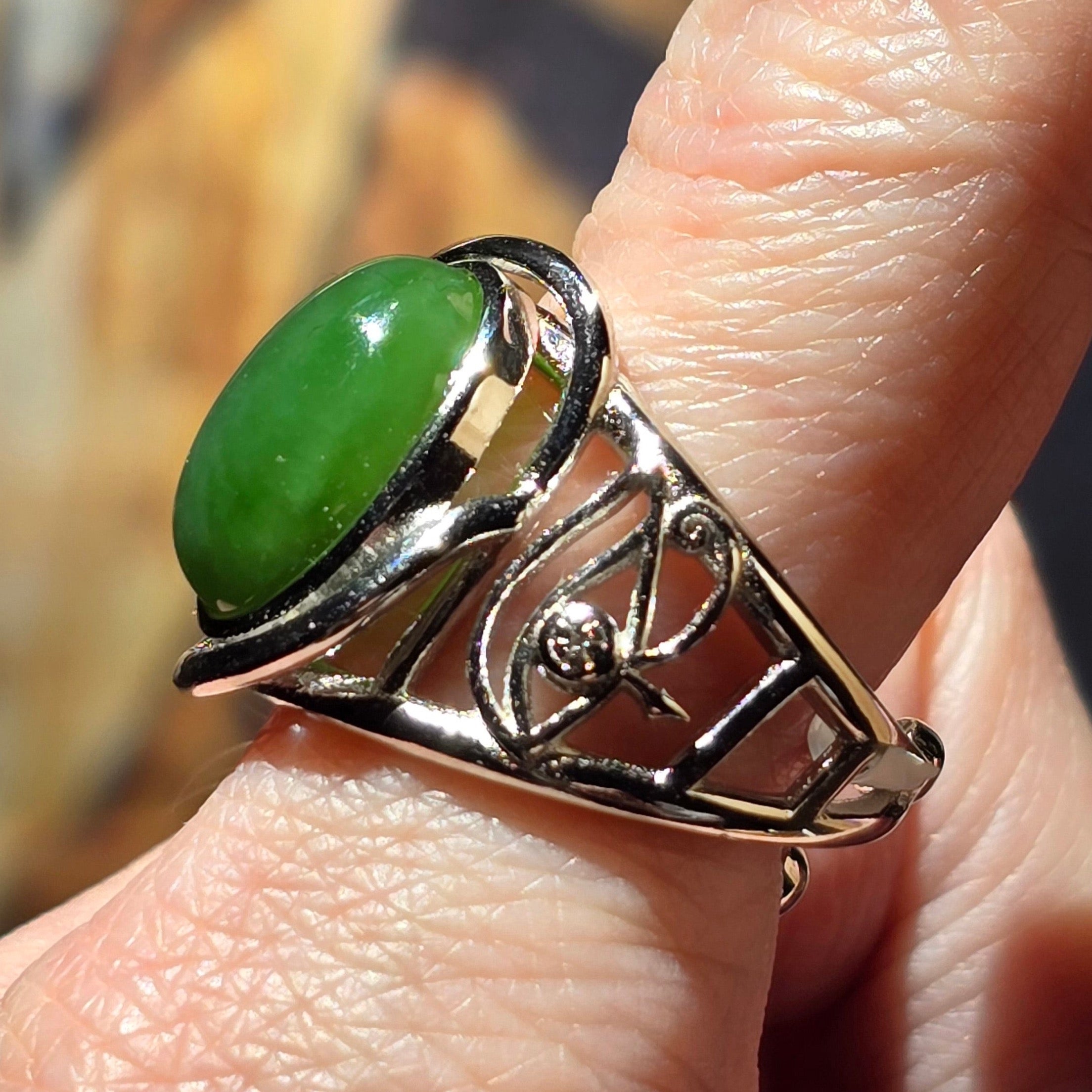 Nephrite Jade Egyptian Eye Adjustable Finger Cuff Ring .925 Silver for Abundance, Health, Protection and Good Luck