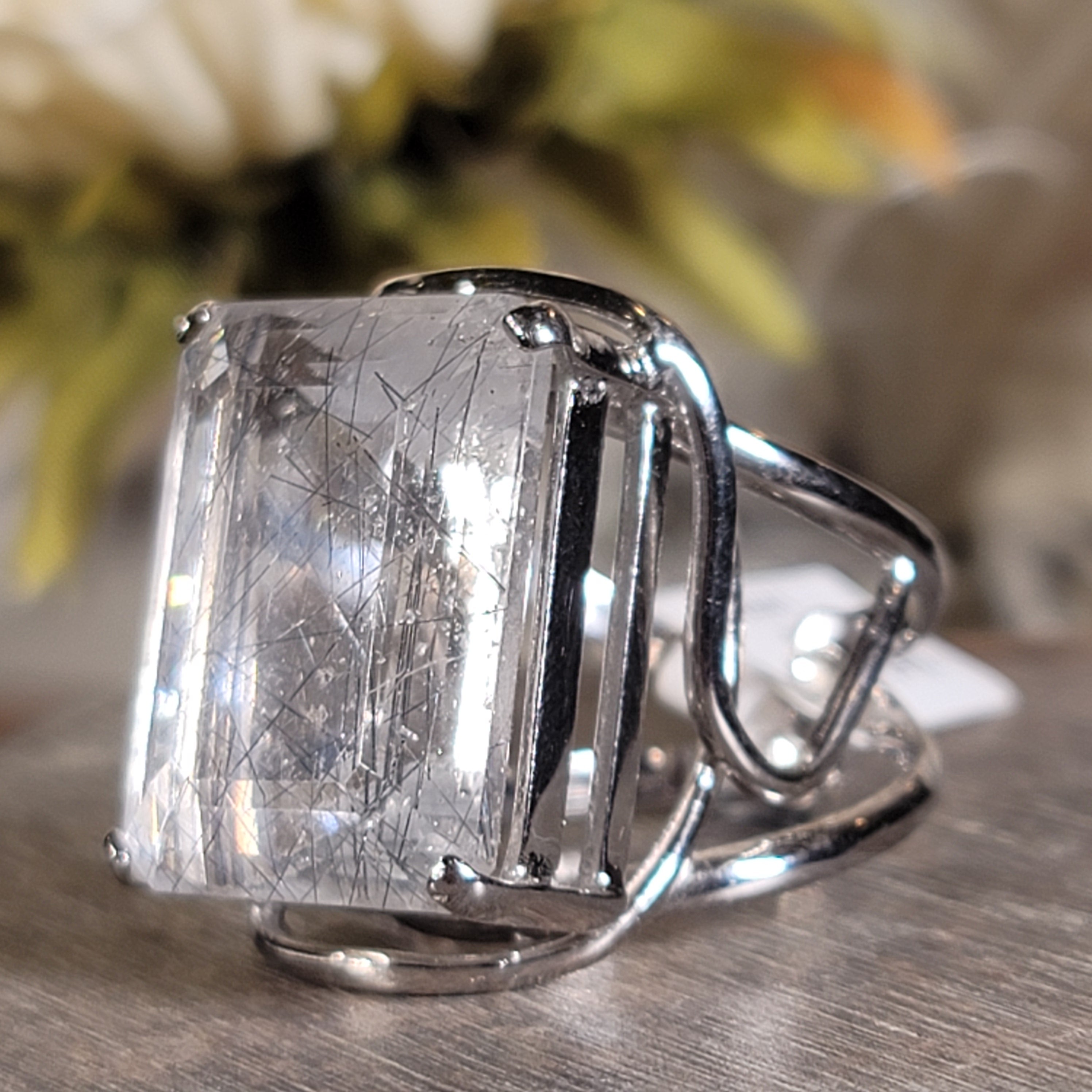 Black Tourmaline in Quartz Cuff Ring .925 Sterling Silver for Powerful Protection and Aura Cleansing