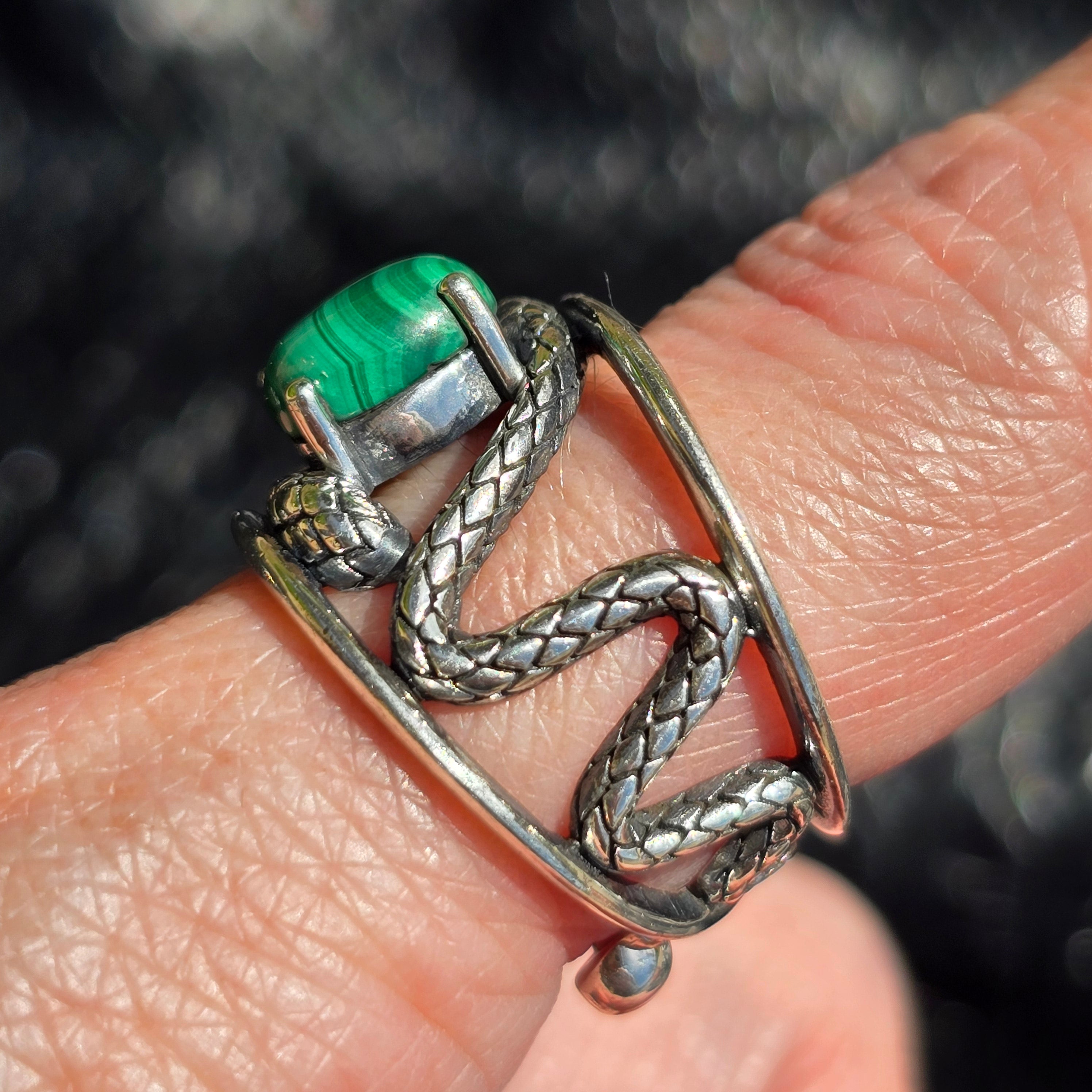 Malachite Serpent Adjustable Finger Cuff Ring .925 Silver for Love, Transformation and Wealth