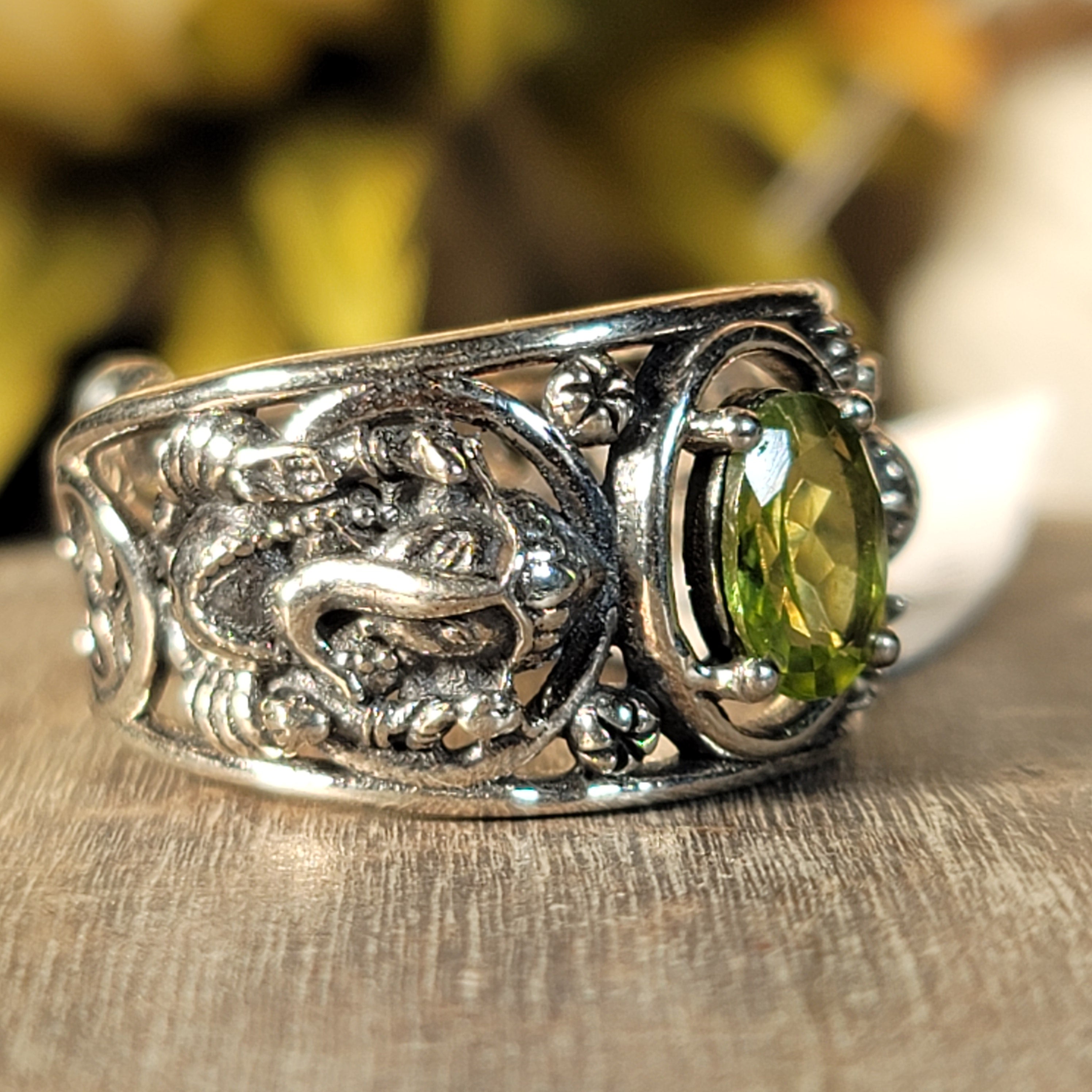 Peridot Ganesha Cuff Ring .925 Silver for Power, Prosperity and Protection