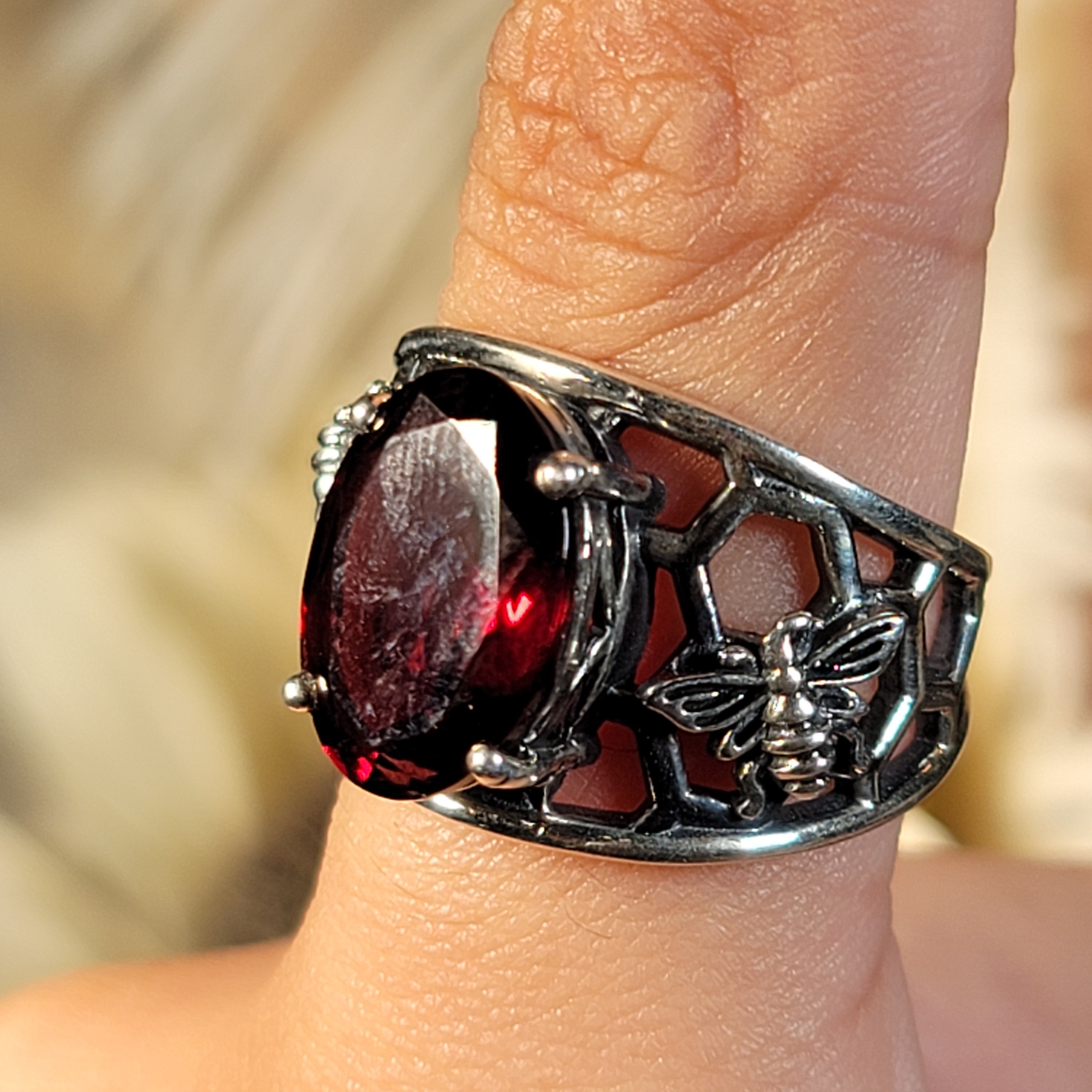 Garnet Bee Adjustable Cuff Ring .925 Silver for Health and Strength