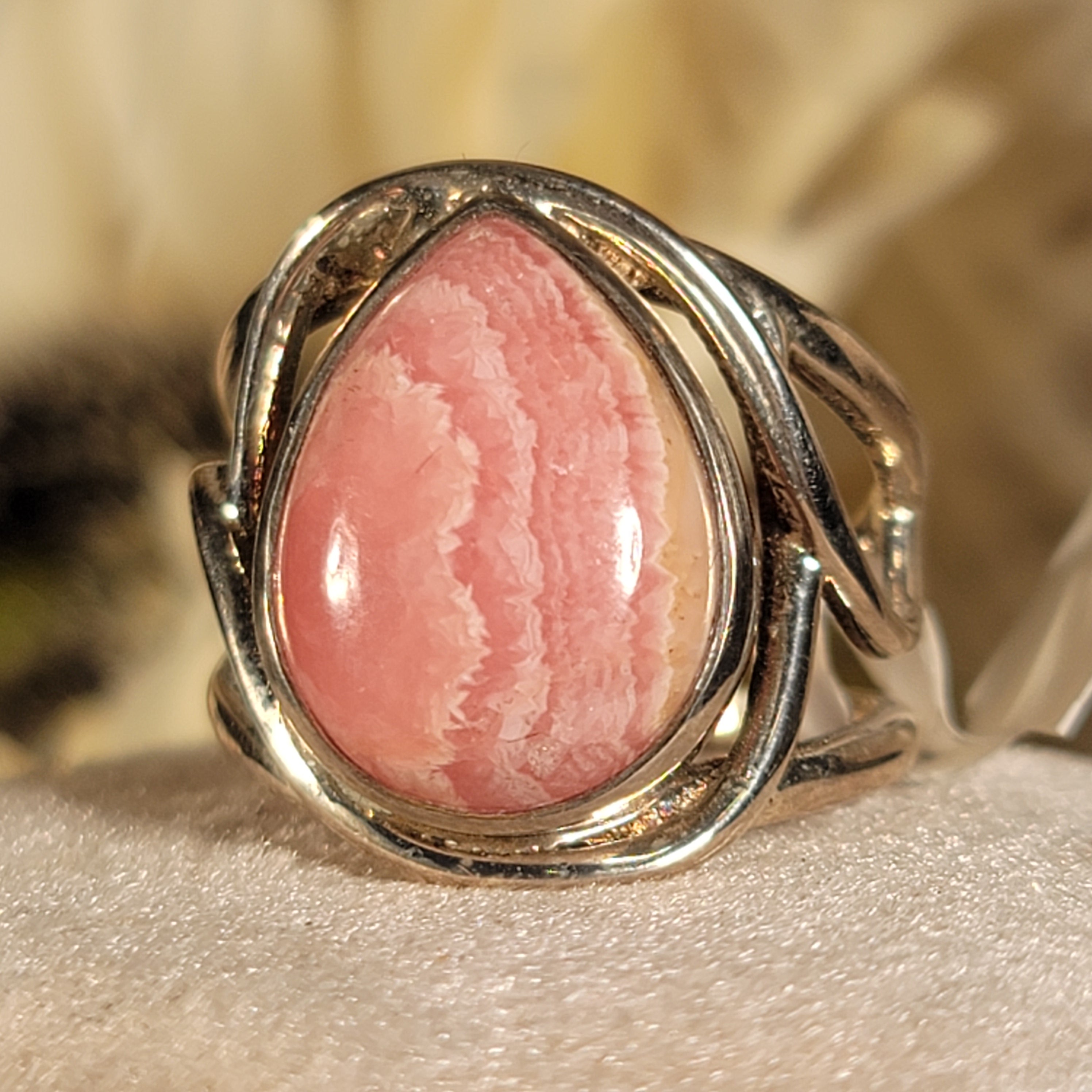 Rhodochrosite Adjustable Cuff Ring .925 Silver for Emotional and Trauma Healing