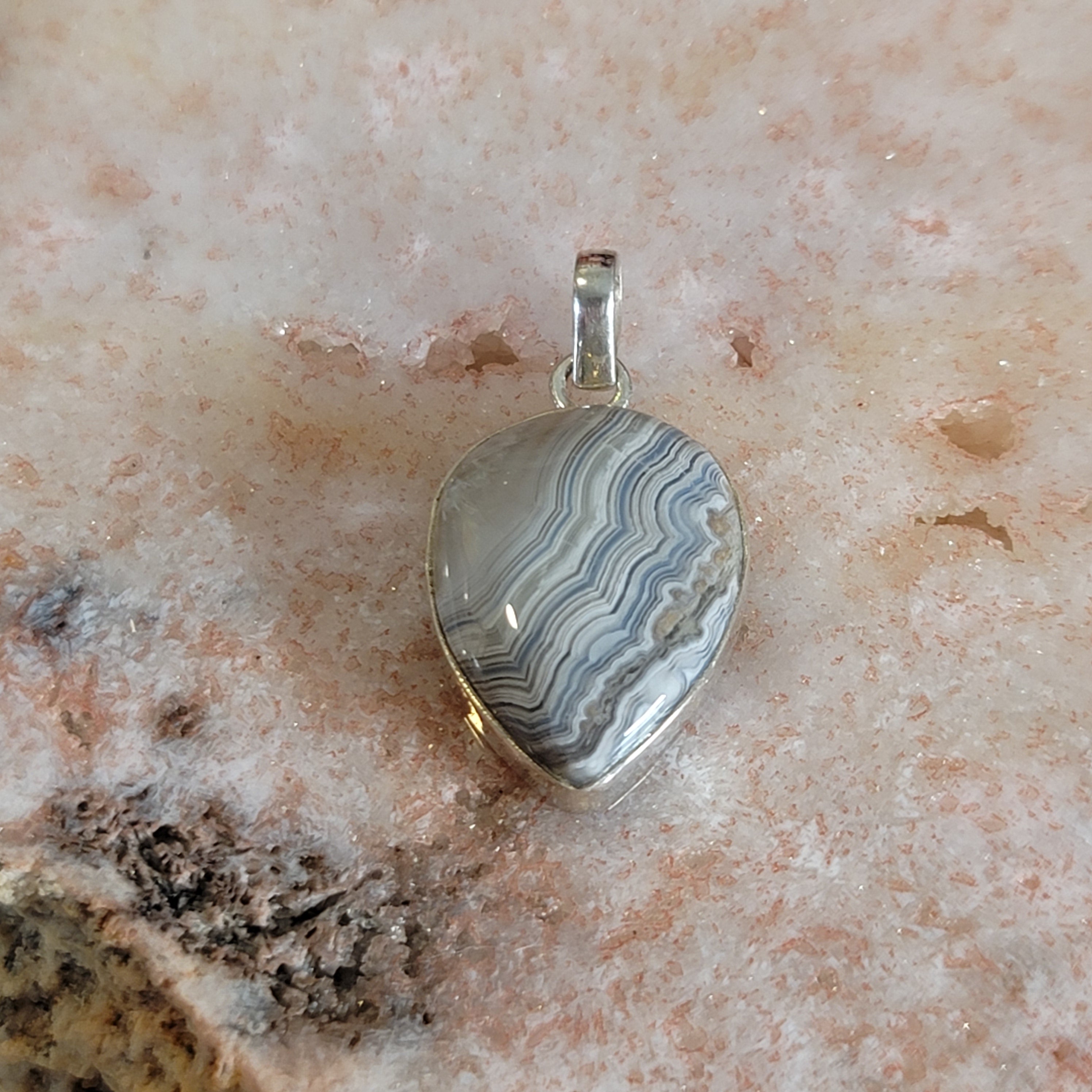 Grey Crazy Lace Agate Pendant .925 Silver for Joy and Protection