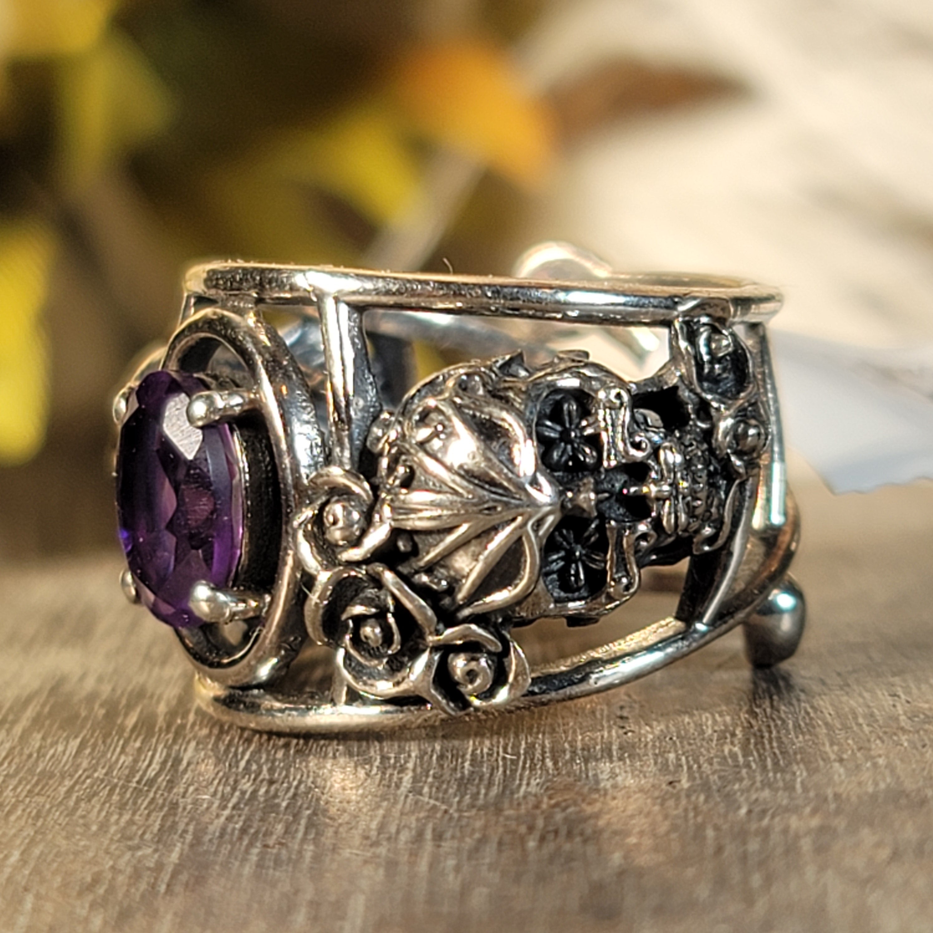 Amethyst Dia de los Muertos Finger Cuff Ring .925 Silver for Enhancing your Intuitive Gifts