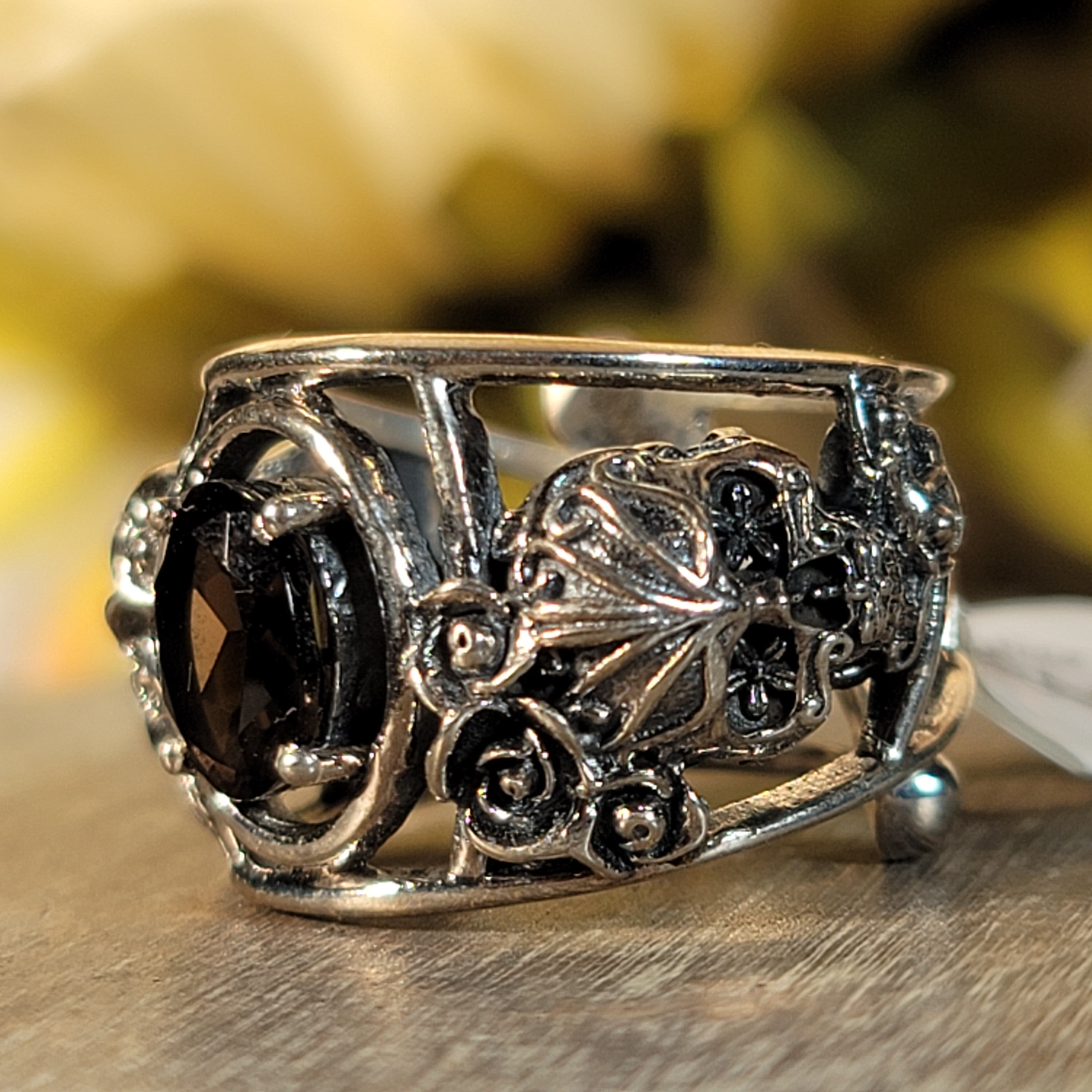 Smoky Quartz Dia de los Muertos Cuff Ring Adjustable Ring .925 Silver for Energetic Cleansing, Manifestation and Protection